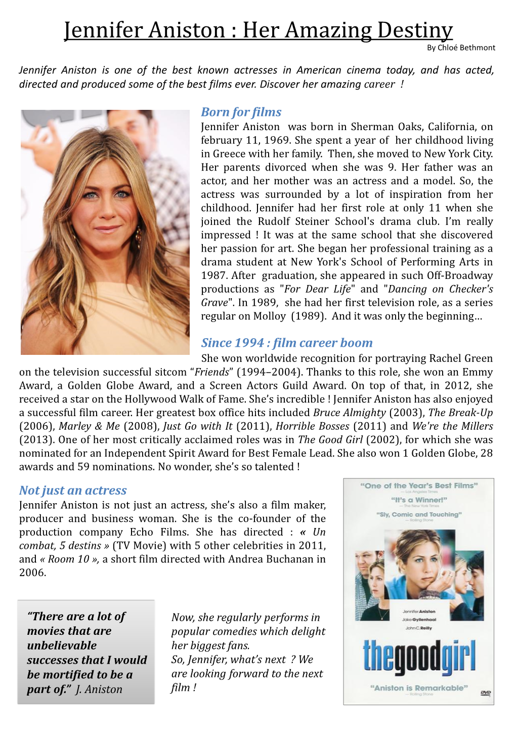 Jennifer Aniston : Her Amazing Destiny by Chloé Bethmont