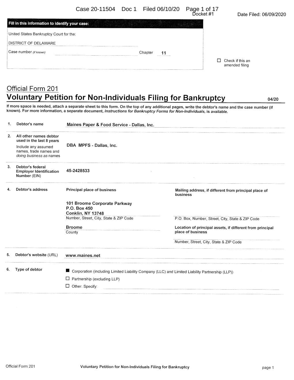 Voluntary Petition for Non-Individuals Filing for Bankruptcy O4~Zo If More Space Is Needed, Attach a Separate Sheet to This Form