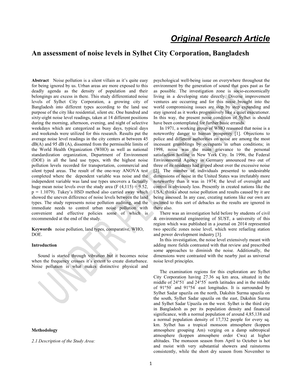 Original Research Article an Assessment of Noise Levels in Sylhet City Corporation, Bangladesh