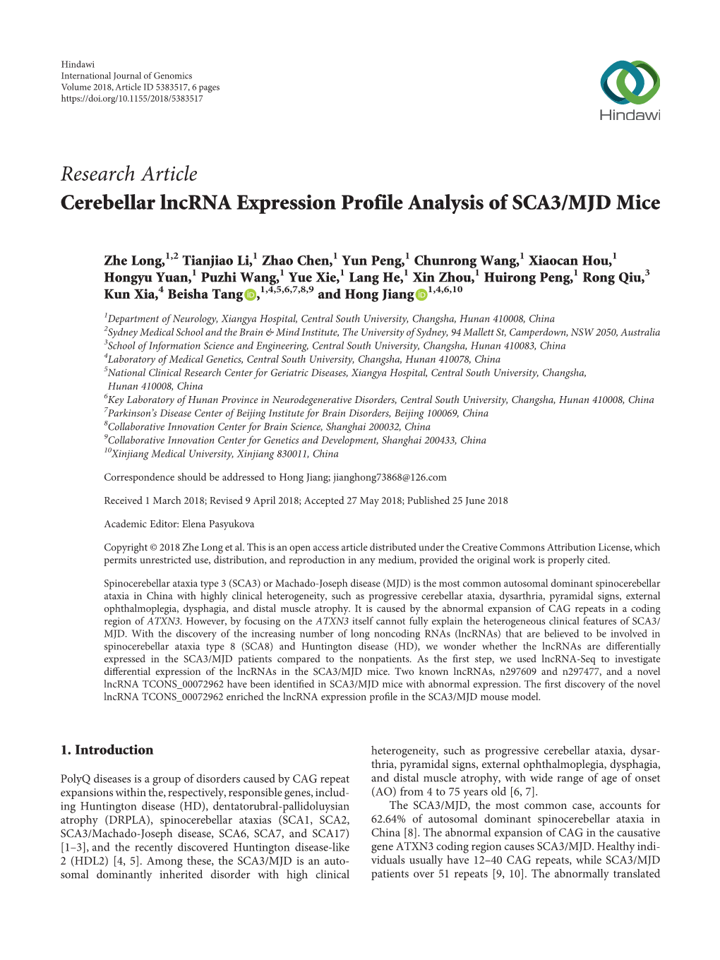Research Article Cerebellar Lncrna Expression Profile Analysis of SCA3/MJD Mice