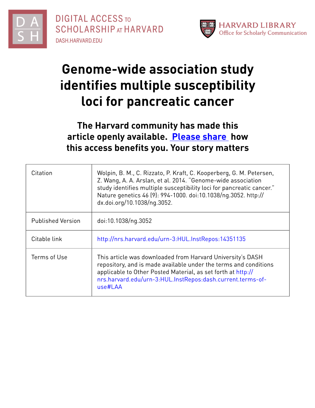Genome-Wide Association Study Identifies Multiple Susceptibility Loci for Pancreatic Cancer
