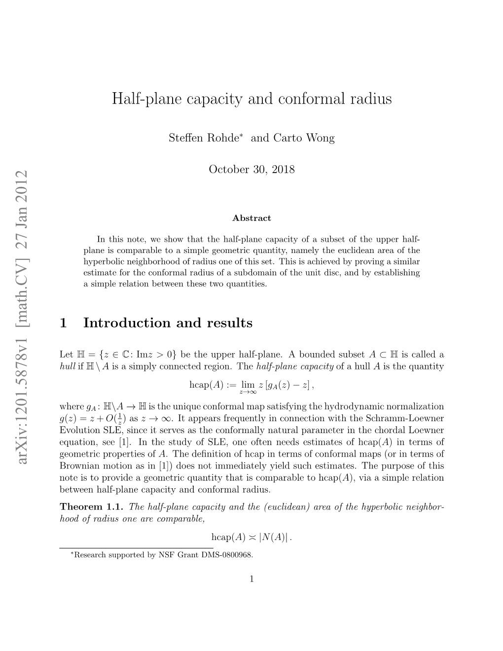 Half-Plane Capacity and Conformal Radius Arxiv:1201.5878V1 [Math.CV