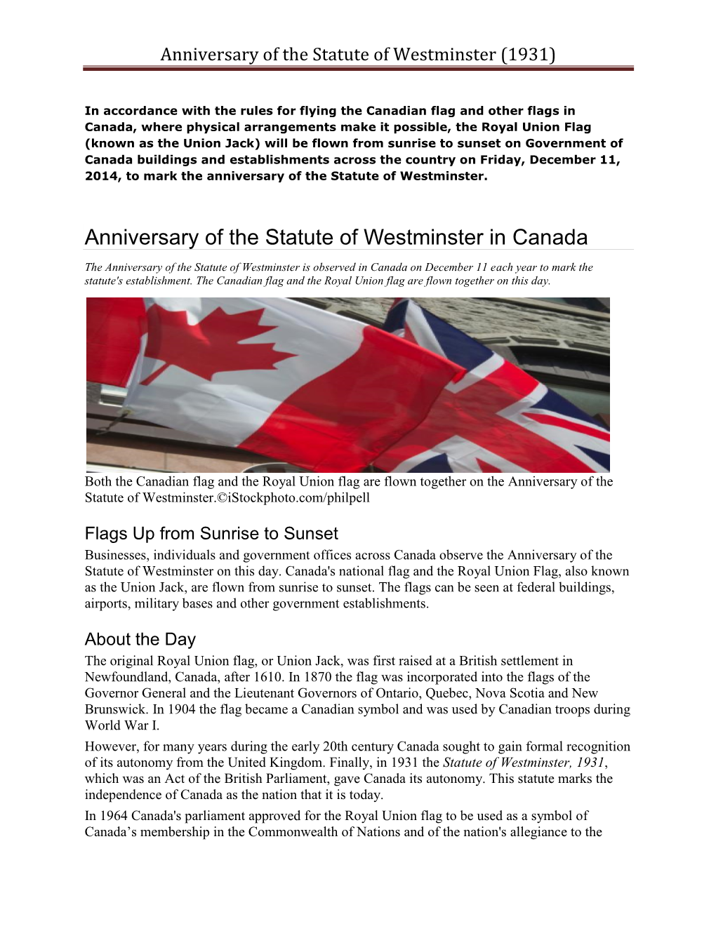 Anniversary of the Statute of Westminster (1931)