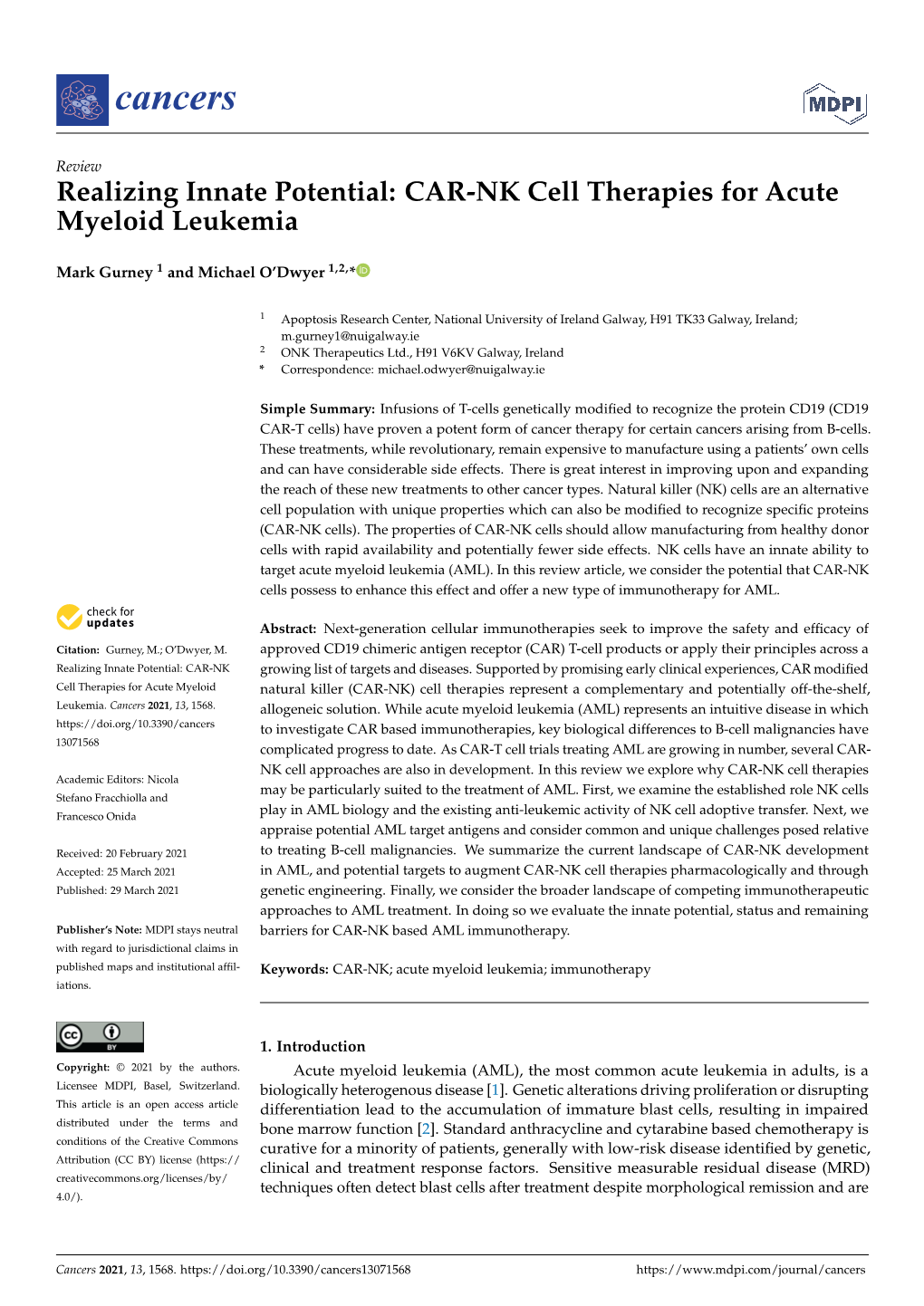 CAR-NK Cell Therapies for Acute Myeloid Leukemia