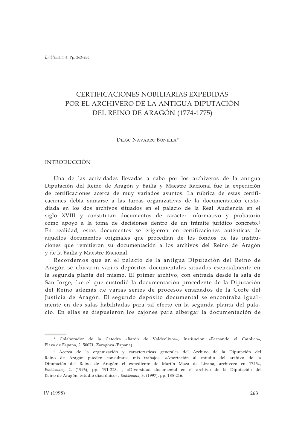 Certificaciones Nobiliarias Expedidas Por El Archivero De La Antigua Diputación Del Reino De Aragón (1774-1775)