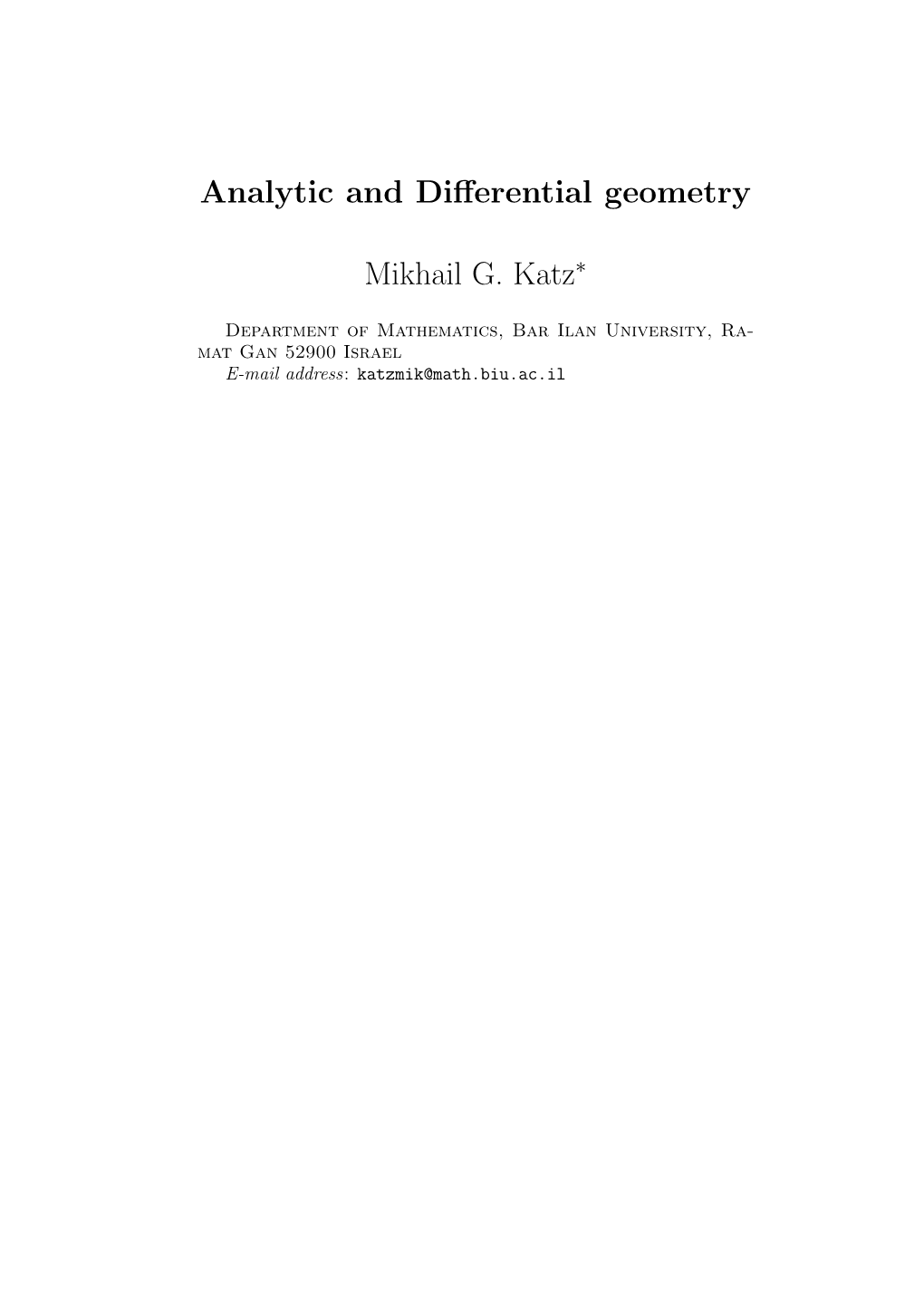 Analytic and Differential Geometry Mikhail G. Katz∗