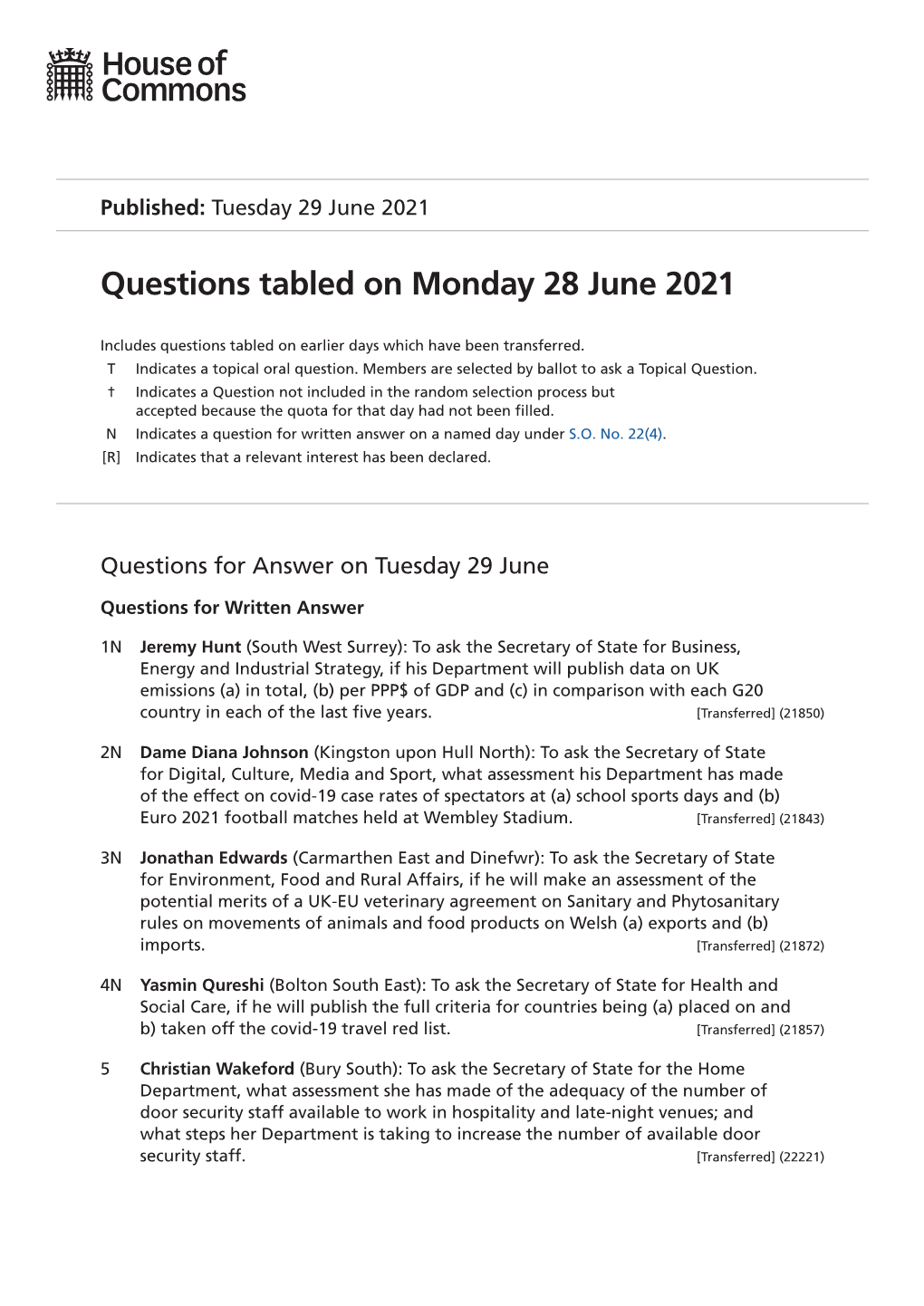 Questions Tabled on Monday 28 June 2021