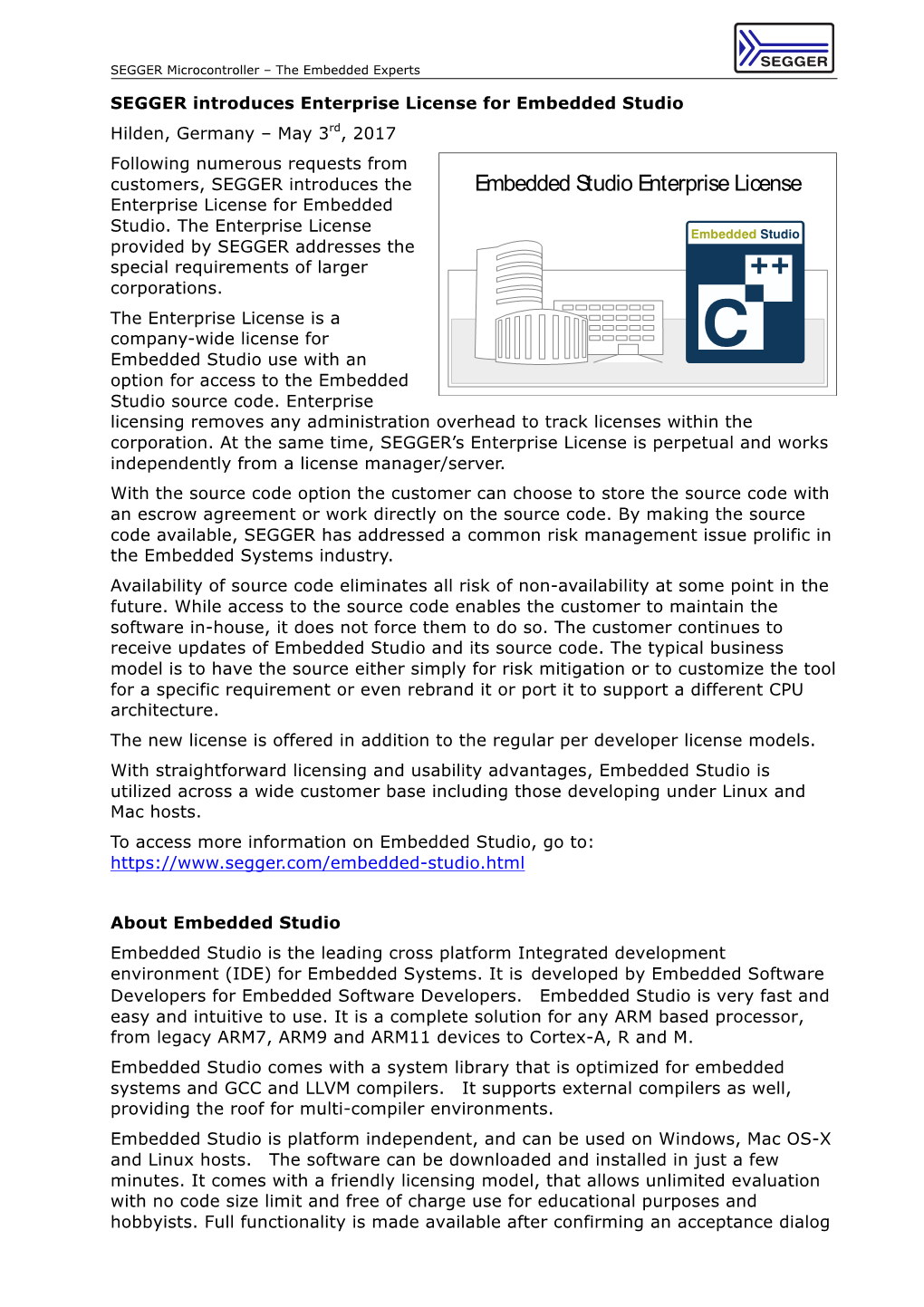 Embedded Studio Enterprise License Enterprise License for Embedded Studio