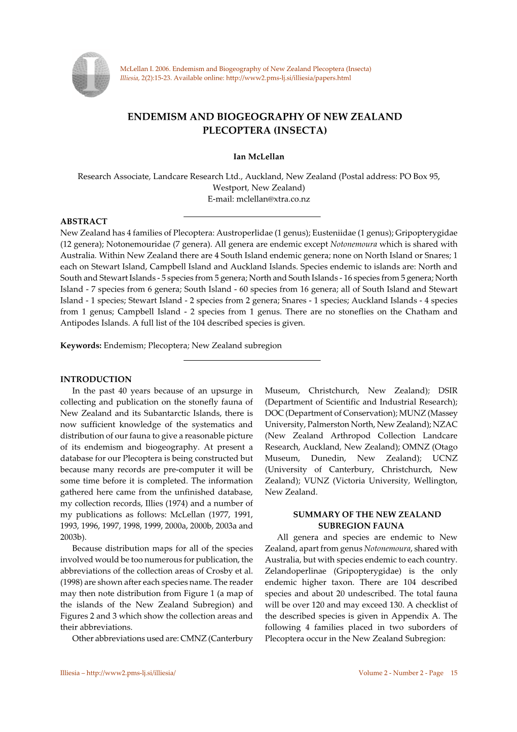 Endemism and Biogeography of New Zealand Plecoptera (Insecta) Illiesia, 2(2):15-23