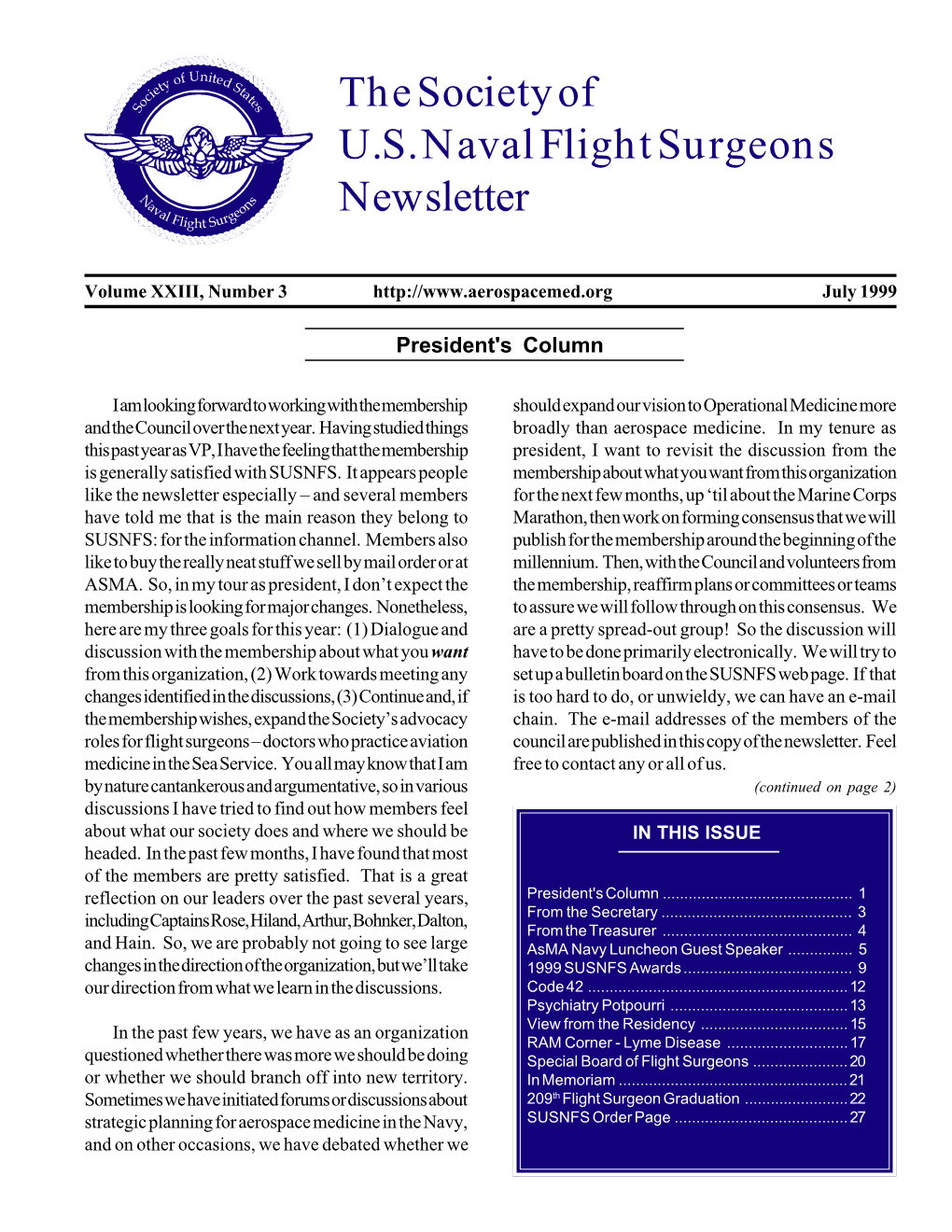 The Society of U.S. Naval Flight Surgeons Newsletter