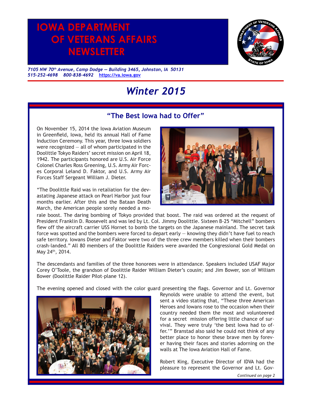 Winter 2015 IOWA DEPARTMENT of VETERANS AFFAIRS NEWSLETTER