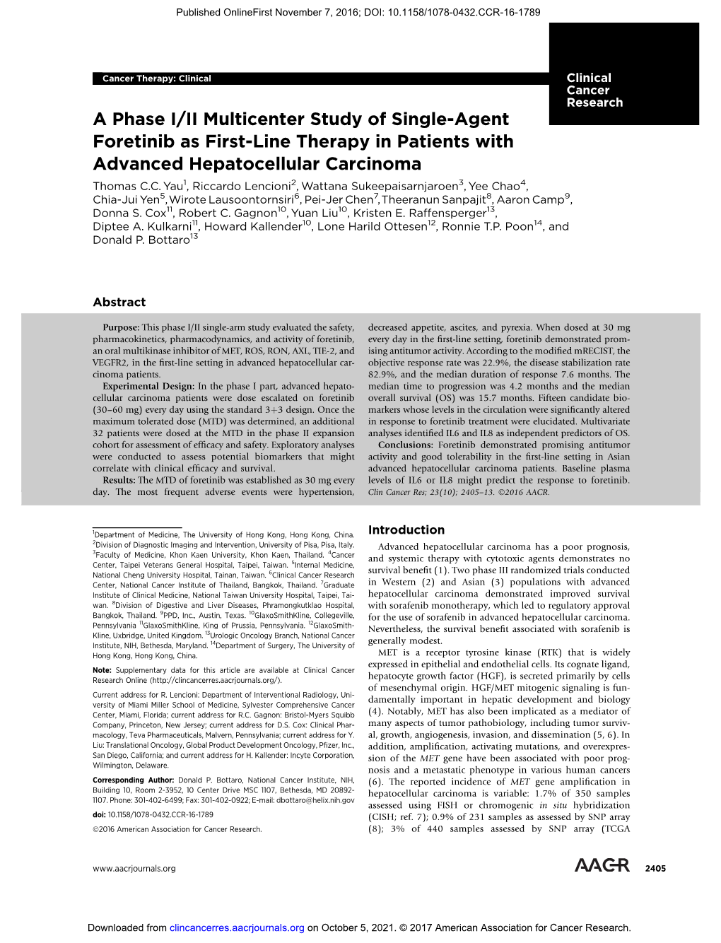 A Phase I/II Multicenter Study of Single-Agent Foretinib As First-Line Therapy in Patients with Advanced Hepatocellular Carcinoma Thomas C.C