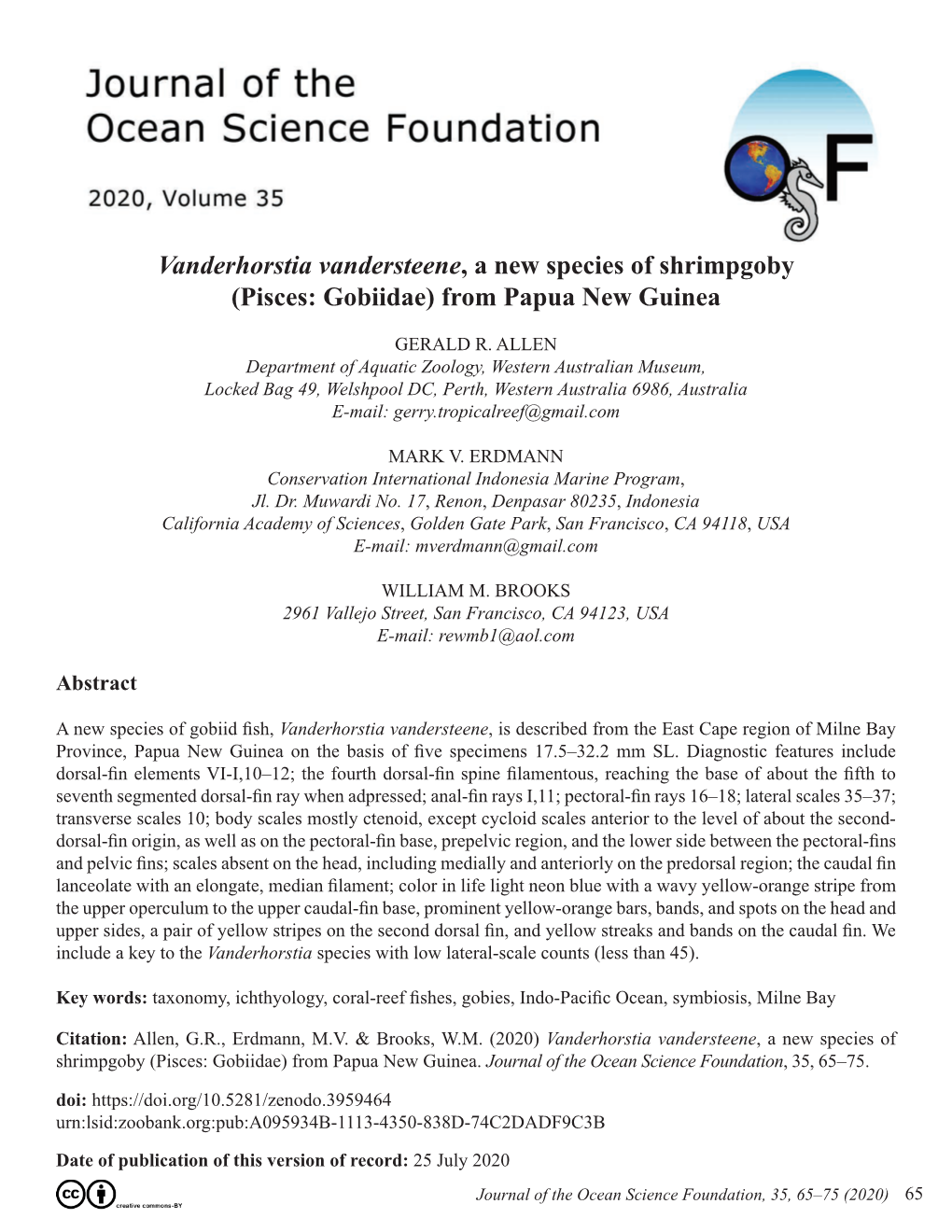 Vanderhorstia Vandersteene, a New Species of Shrimpgoby (Pisces: Gobiidae) from Papua New Guinea