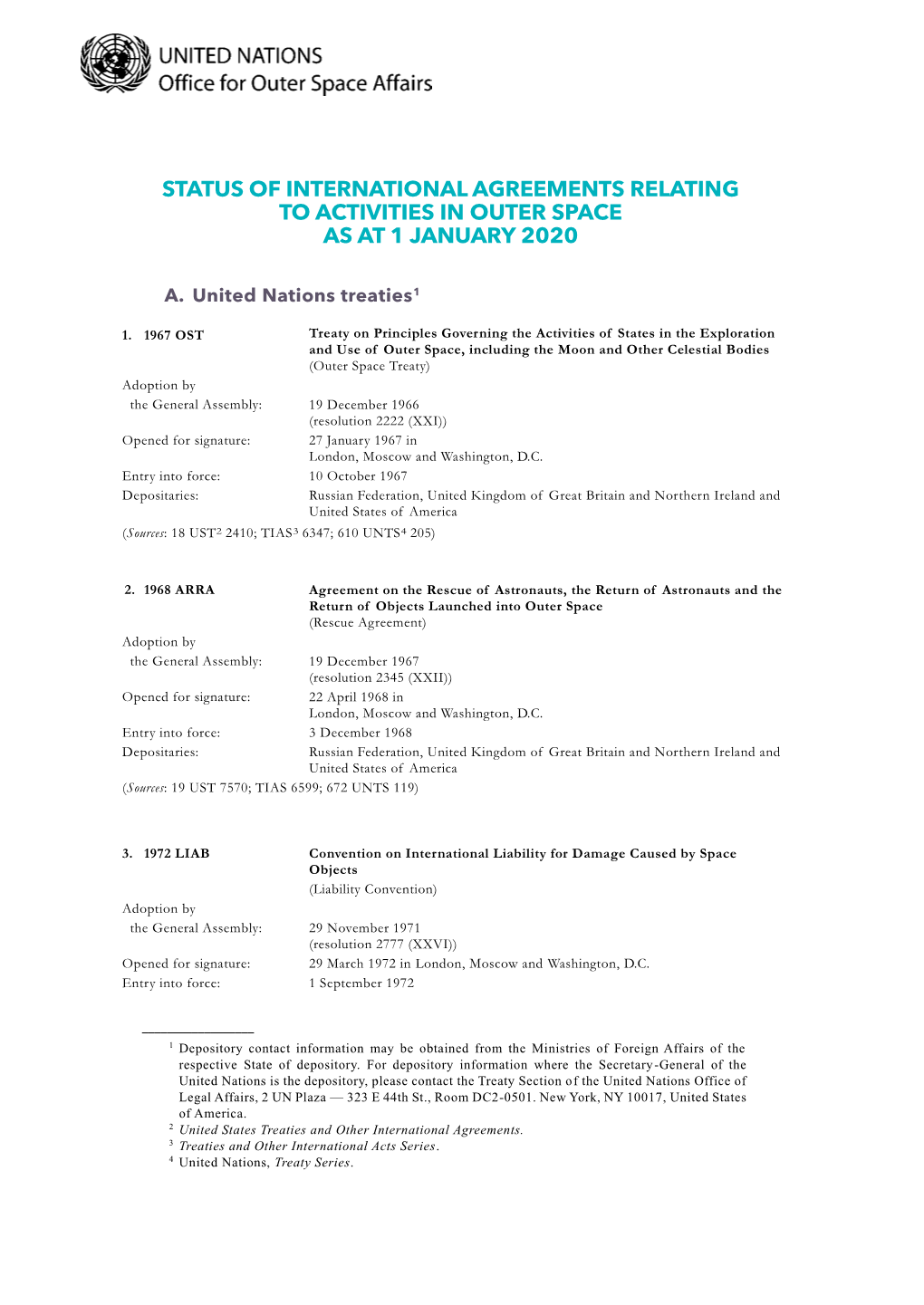 Status of International Agreements Relating to Activities in Outer Space As at 1 January 2020