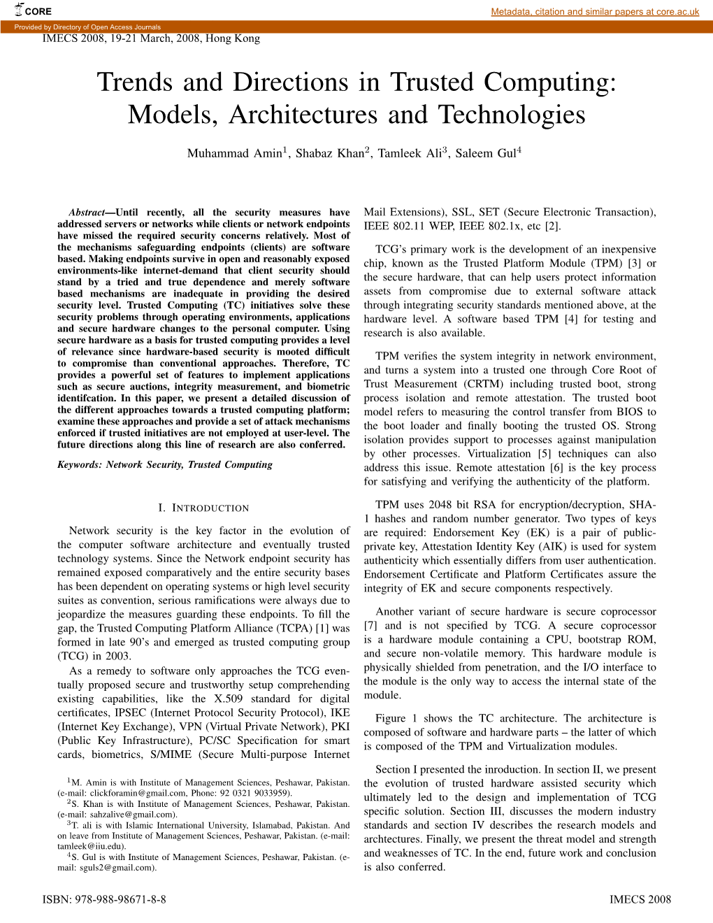 Trends and Directions in Trusted Computing: Models, Architectures and Technologies