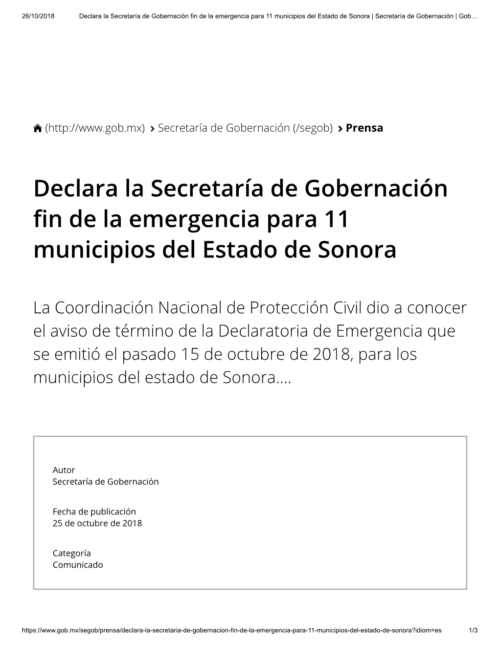 Declara La Secretaría De Gobernación N De La Emergencia Para 11