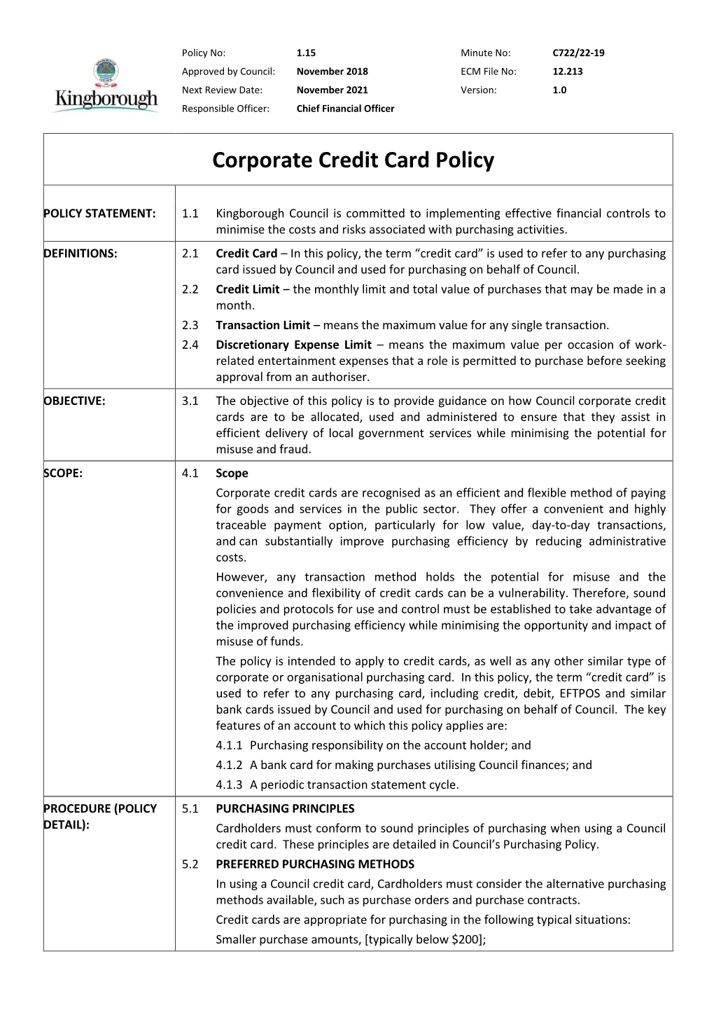 Corporate Credit Card Policy