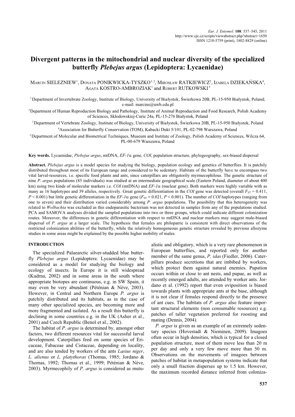 Divergent Patterns in the Mitochondrial and Nuclear Diversity of the Specialized Butterfly Plebejus Argus (Lepidoptera: Lycaenidae)