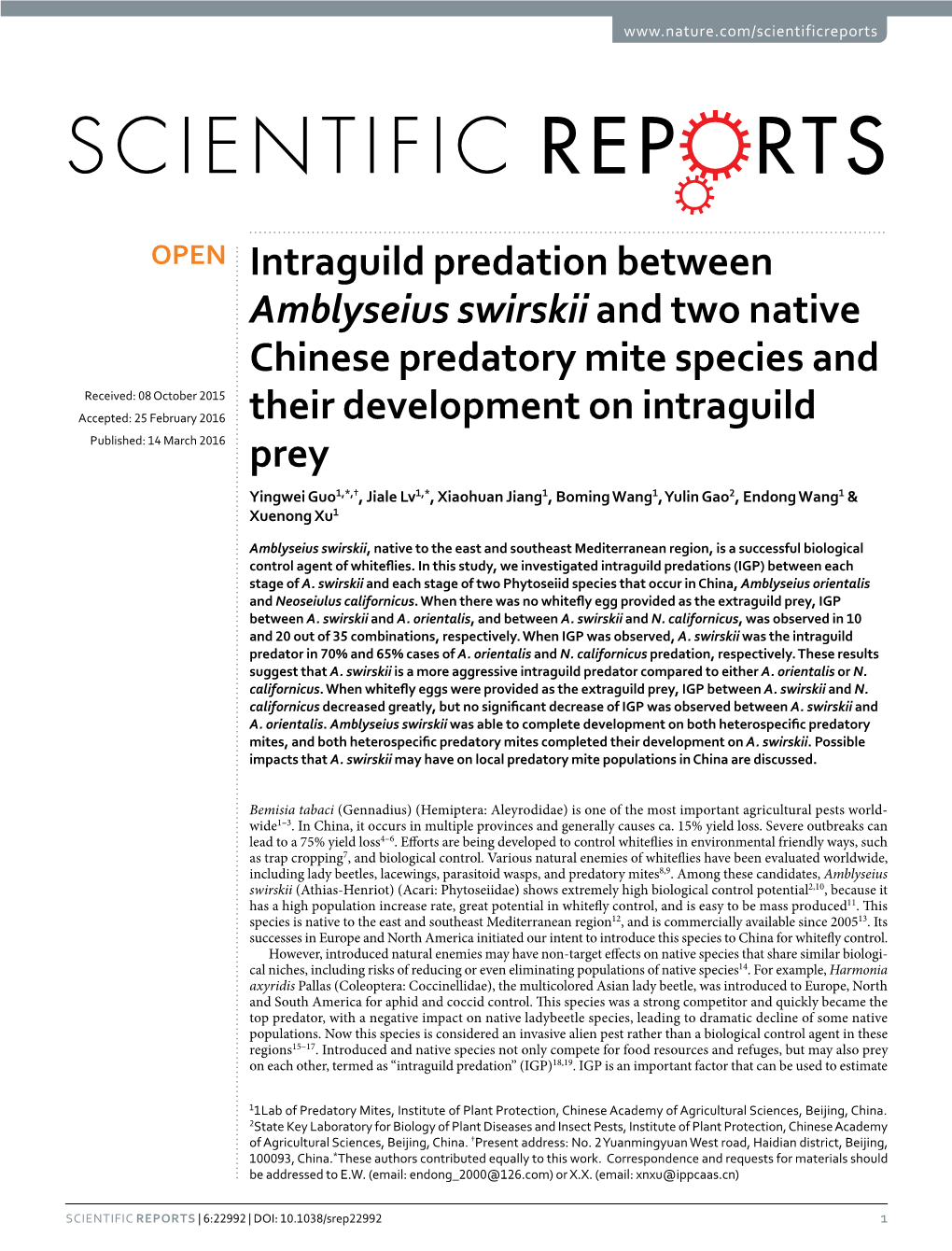 Intraguild Predation Between Amblyseius Swirskii and Two Native Chinese Predatory Mite Species and Their Development on Intraguild Prey