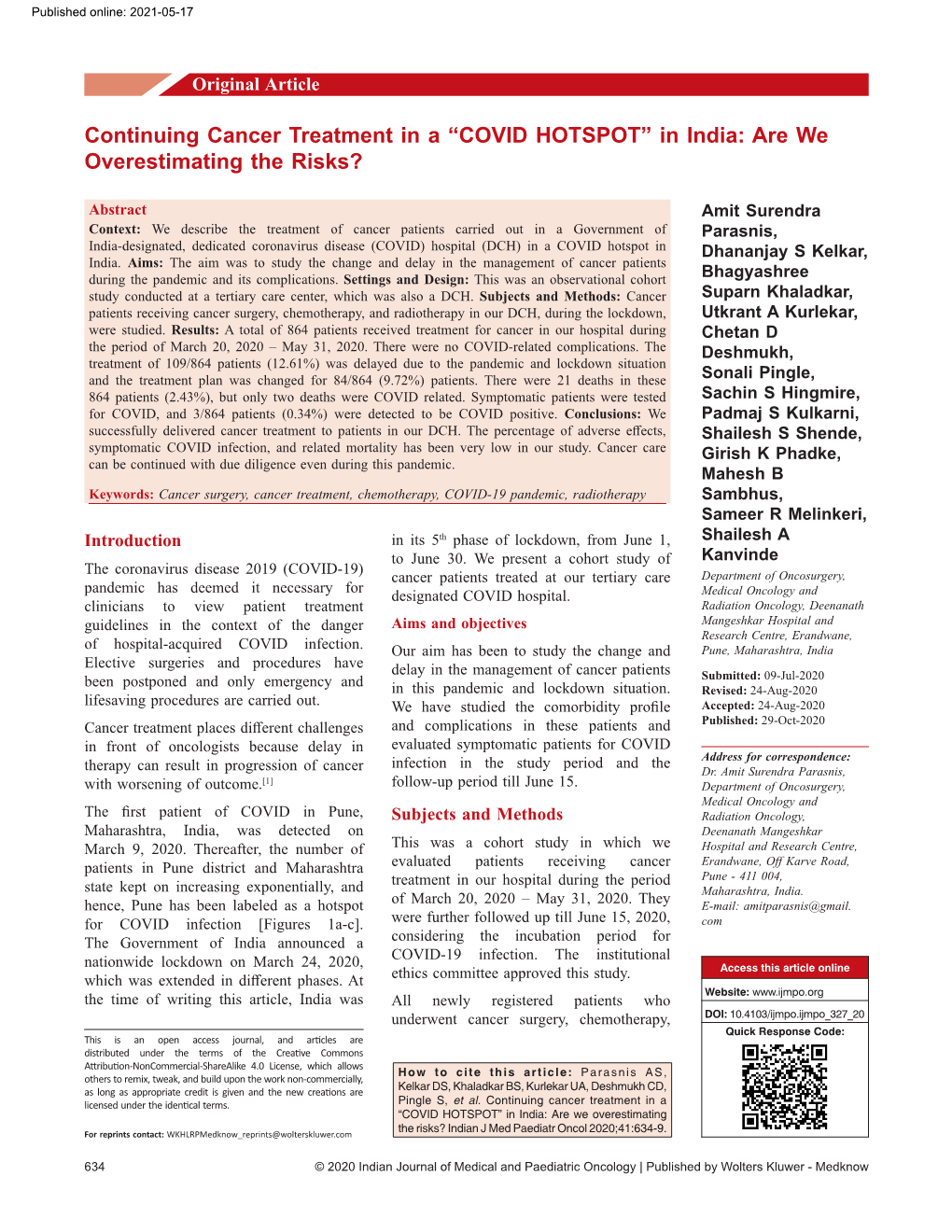 Continuing Cancer Treatment in a “COVID HOTSPOT” in India: Are We Overestimating the Risks?