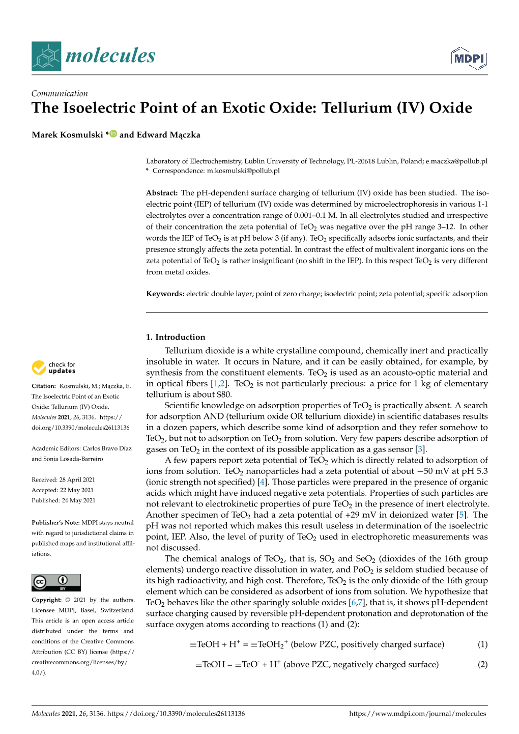 The Isoelectric Point of an Exotic Oxide: Tellurium (IV) Oxide