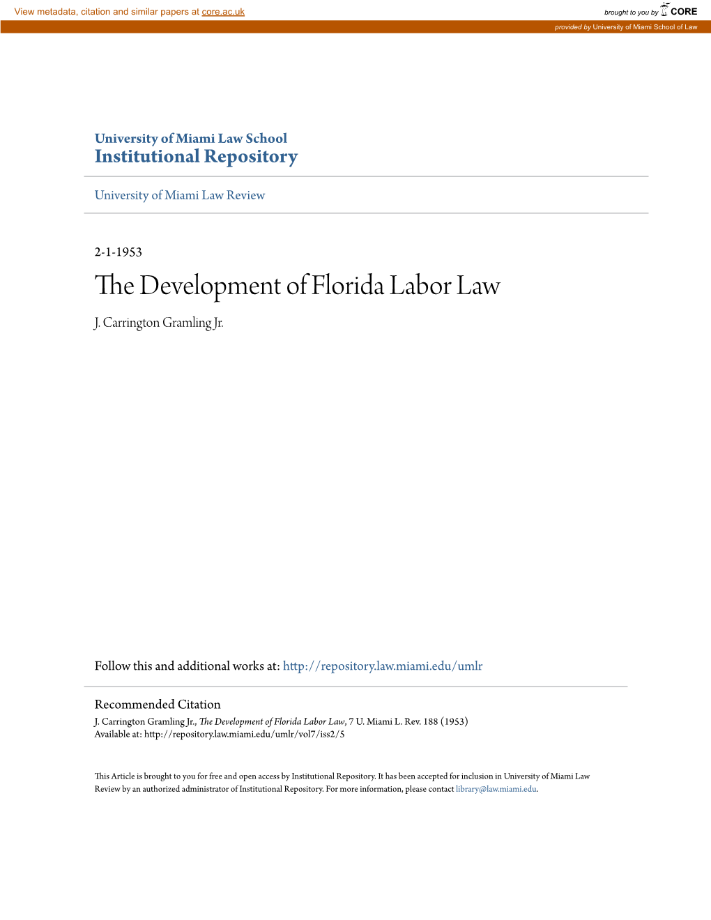 The Development of Florida Labor Law, 7 U