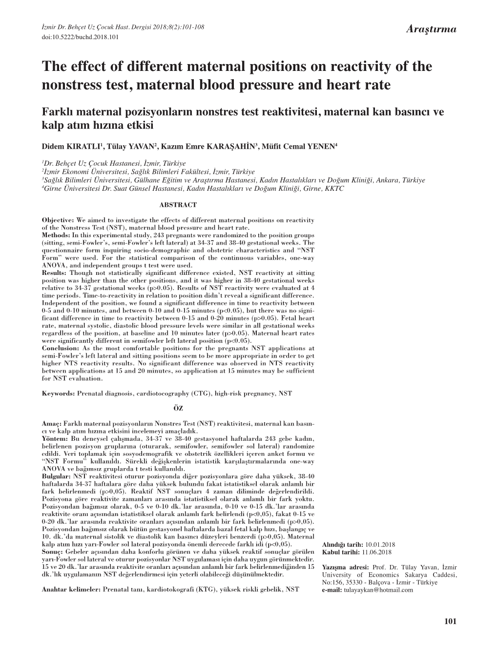 The Effect of Different Maternal Positions on Reactivity of the Nonstress Test, Maternal Blood Pressure and Heart Rate