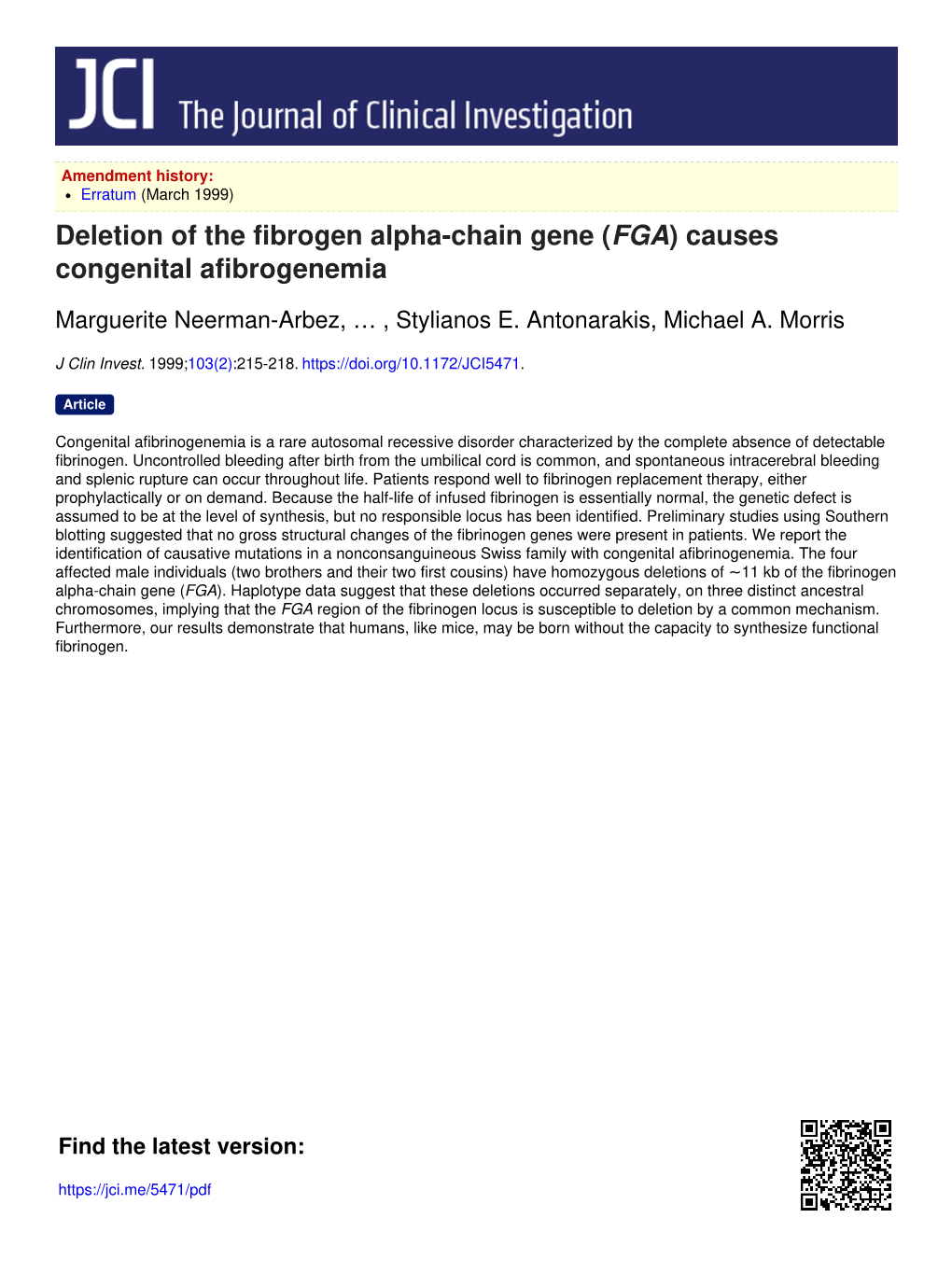 Deletion of the Fibrogen Alpha-Chain Gene (FGA) Causes Congenital Afibrogenemia