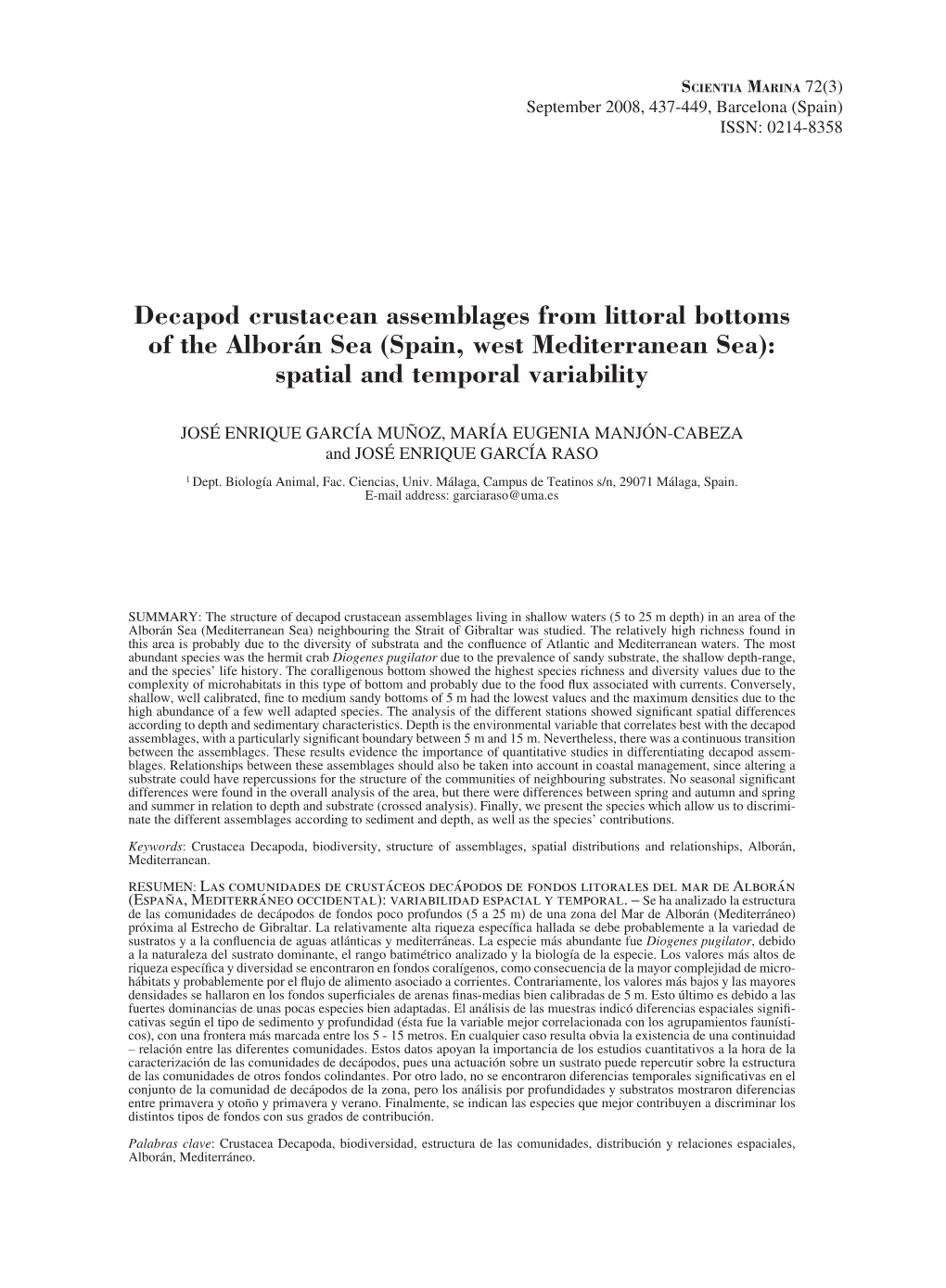 Decapod Crustacean Assemblages from Littoral Bottoms of the Alborán Sea (Spain, West Mediterranean Sea): Spatial and Temporal Variability