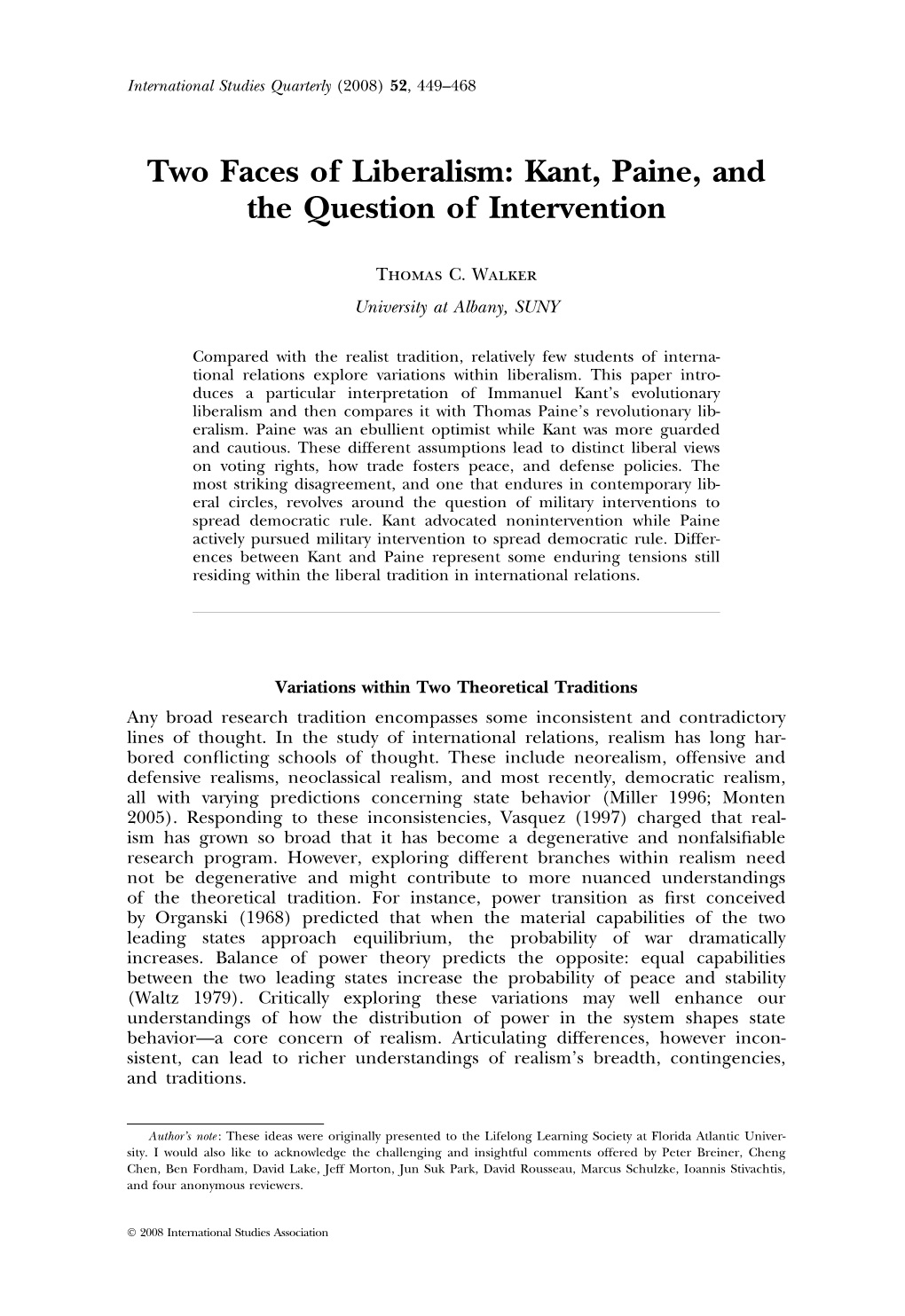 Two Faces of Liberalism: Kant, Paine, and the Question of Intervention