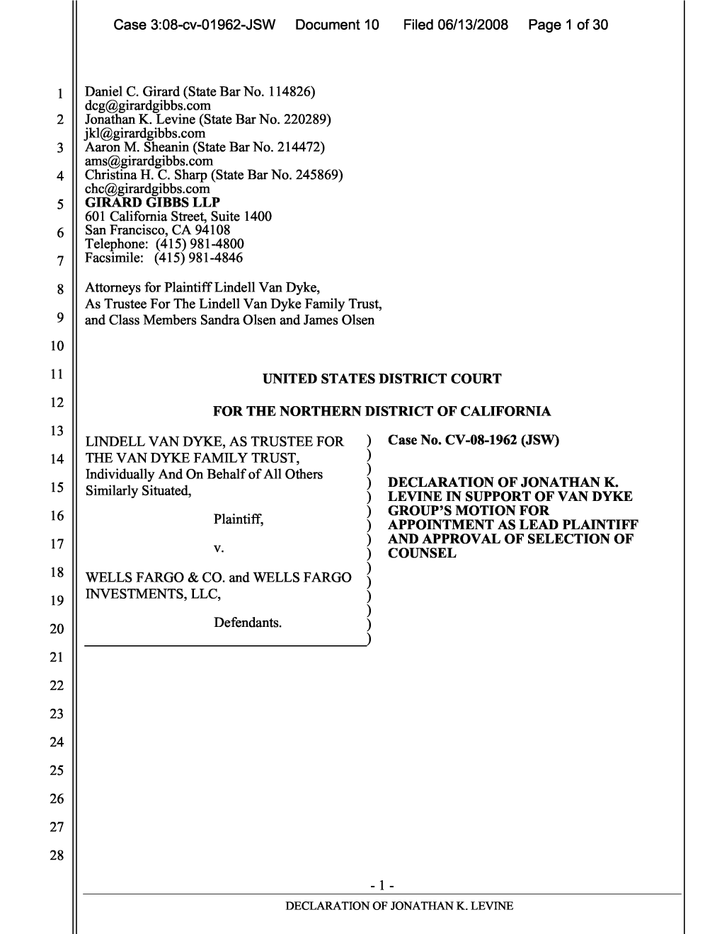 Lindell Van Dyke, Et Al. V. Well Fargo & Company , Et Al. 08-CV-01962