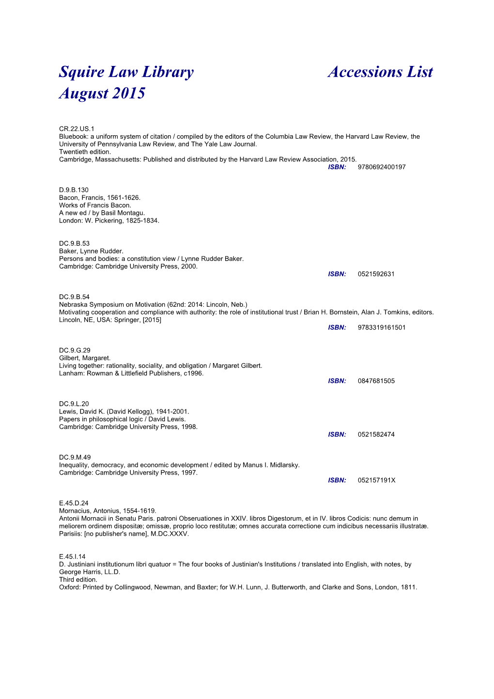 Squire Law Library Accessions List August 2015