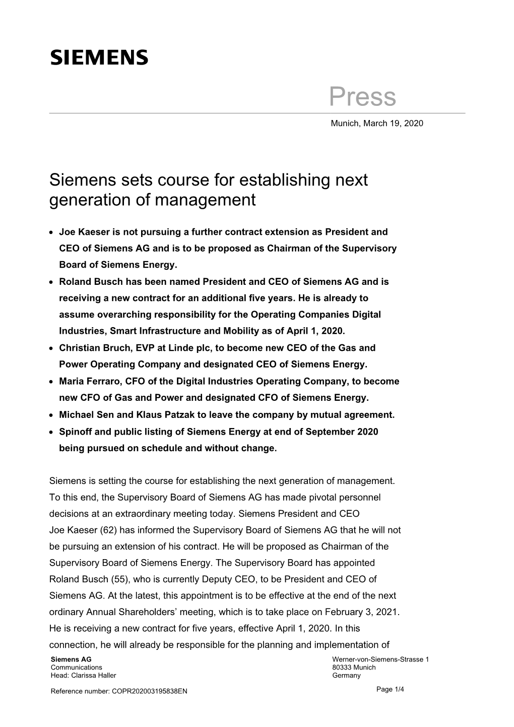 Siemens Sets Course for Establishing Next Generation of Management