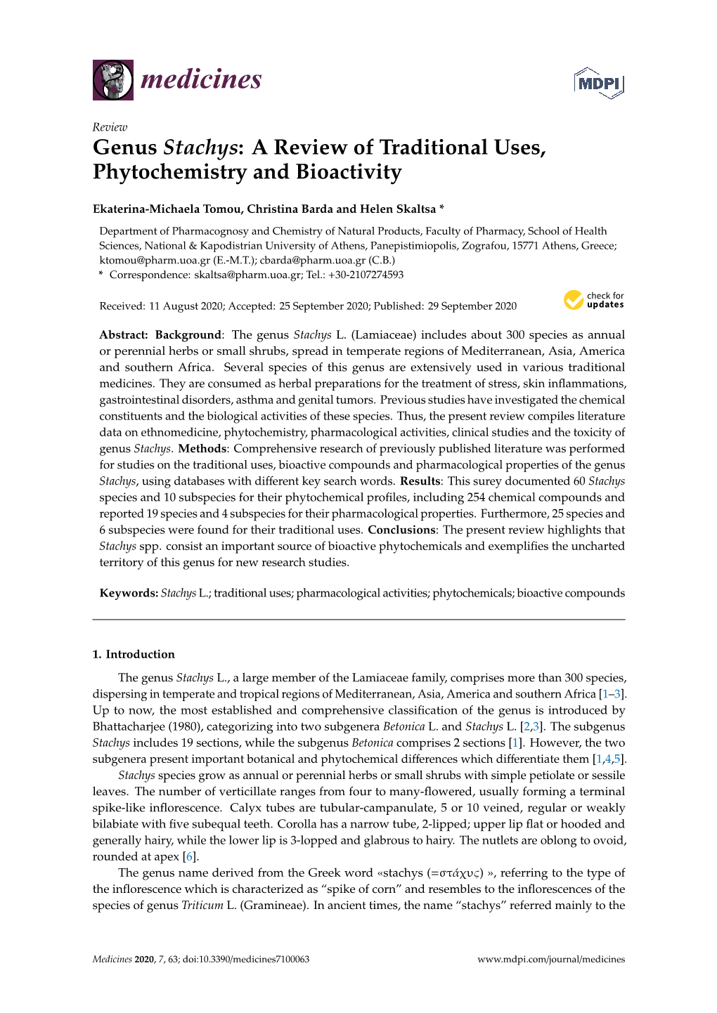 Genus Stachys: a Review of Traditional Uses, Phytochemistry and Bioactivity