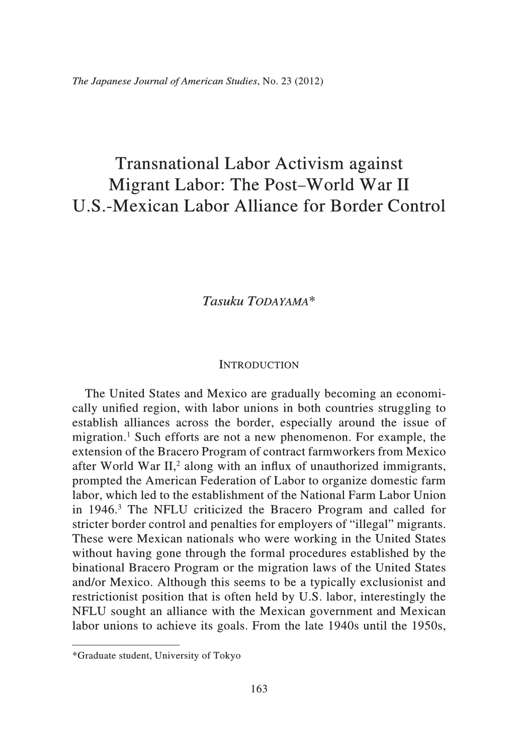 The Post–World War II US-Mexican Labor Alliance for Border Control