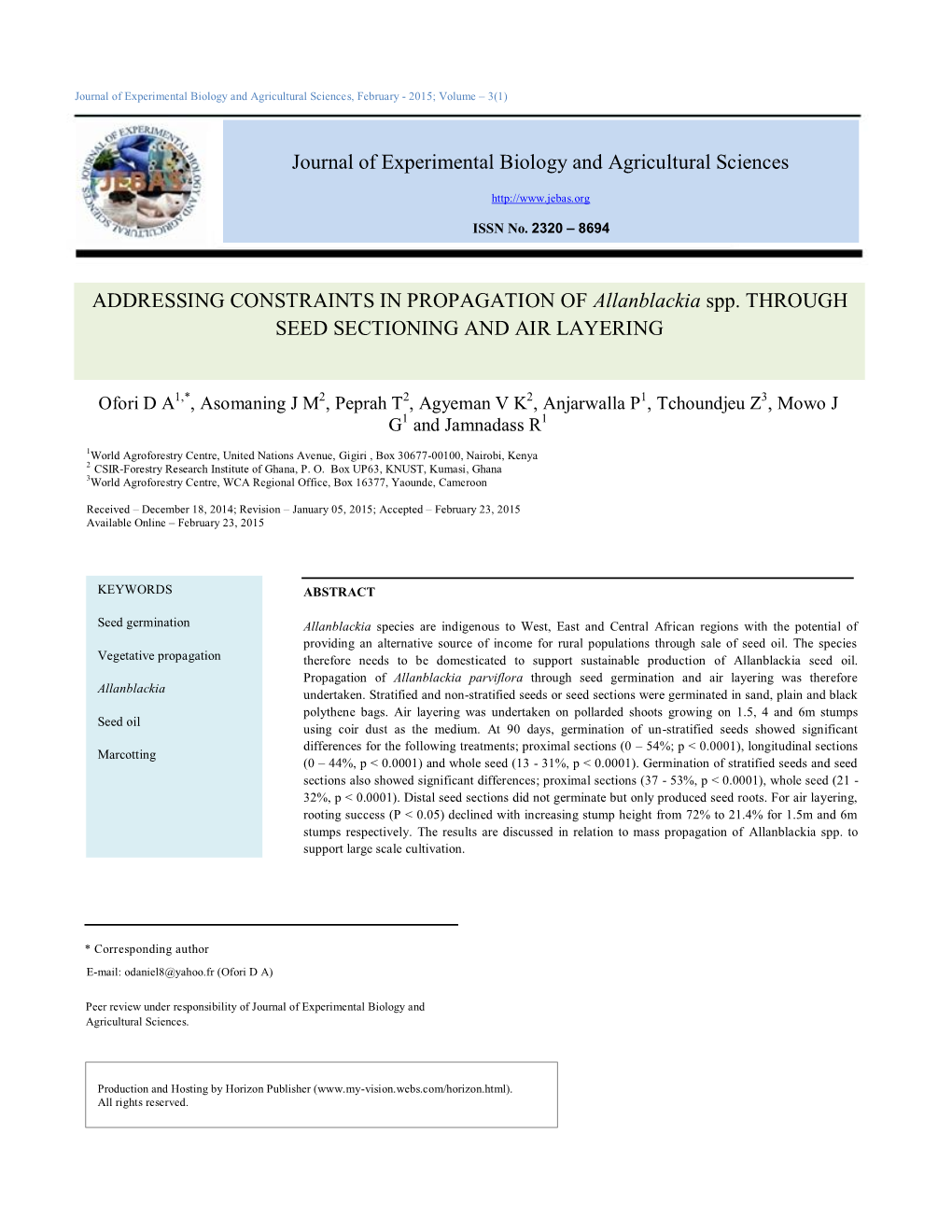 ADDRESSING CONSTRAINTS in PROPAGATION of Allanblackia Spp