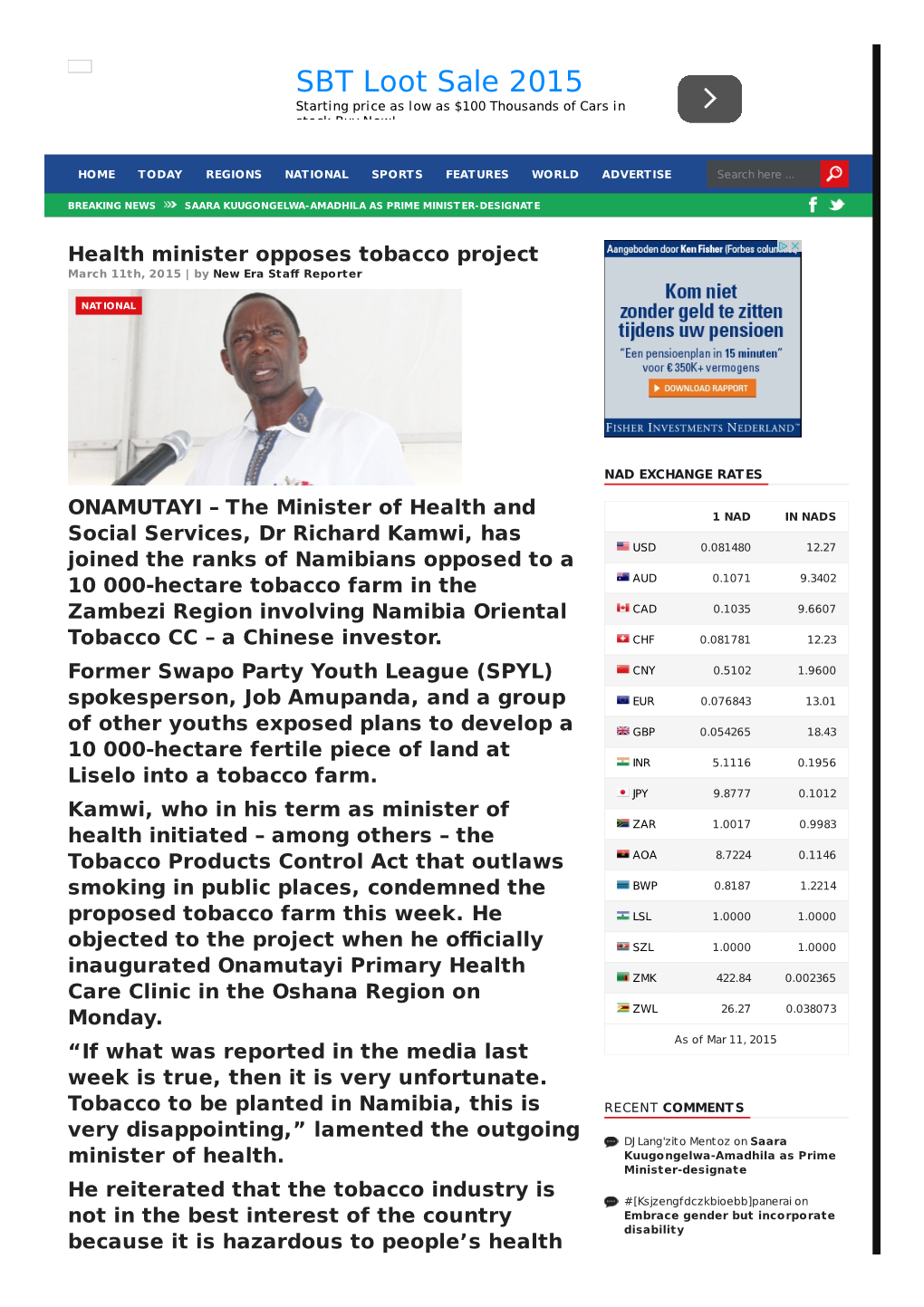 Health Minister Opposes Tobacco Project | New Era Newspaper Namibia