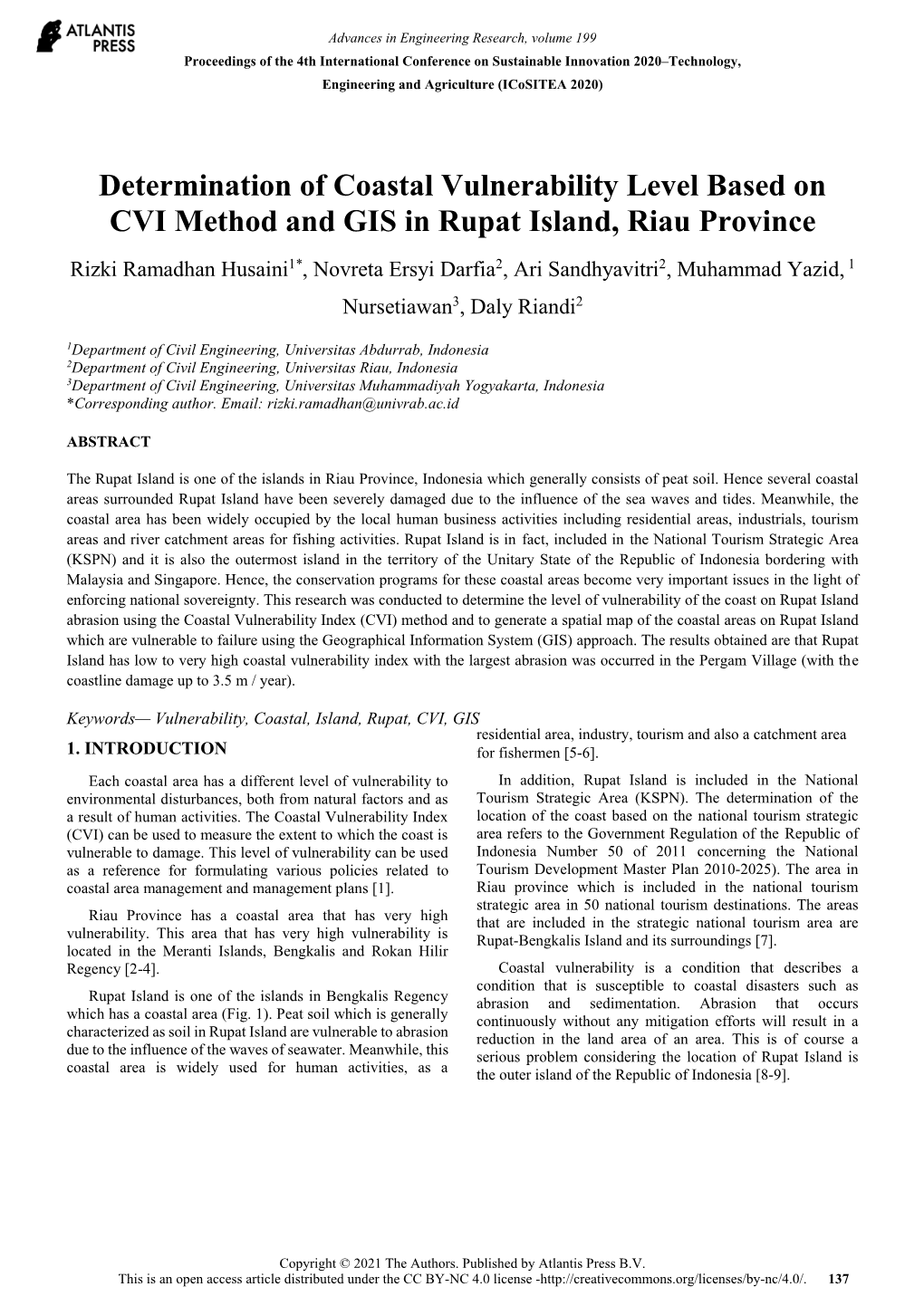 Determination of Coastal Vulnerability Level Based on CVI Method And