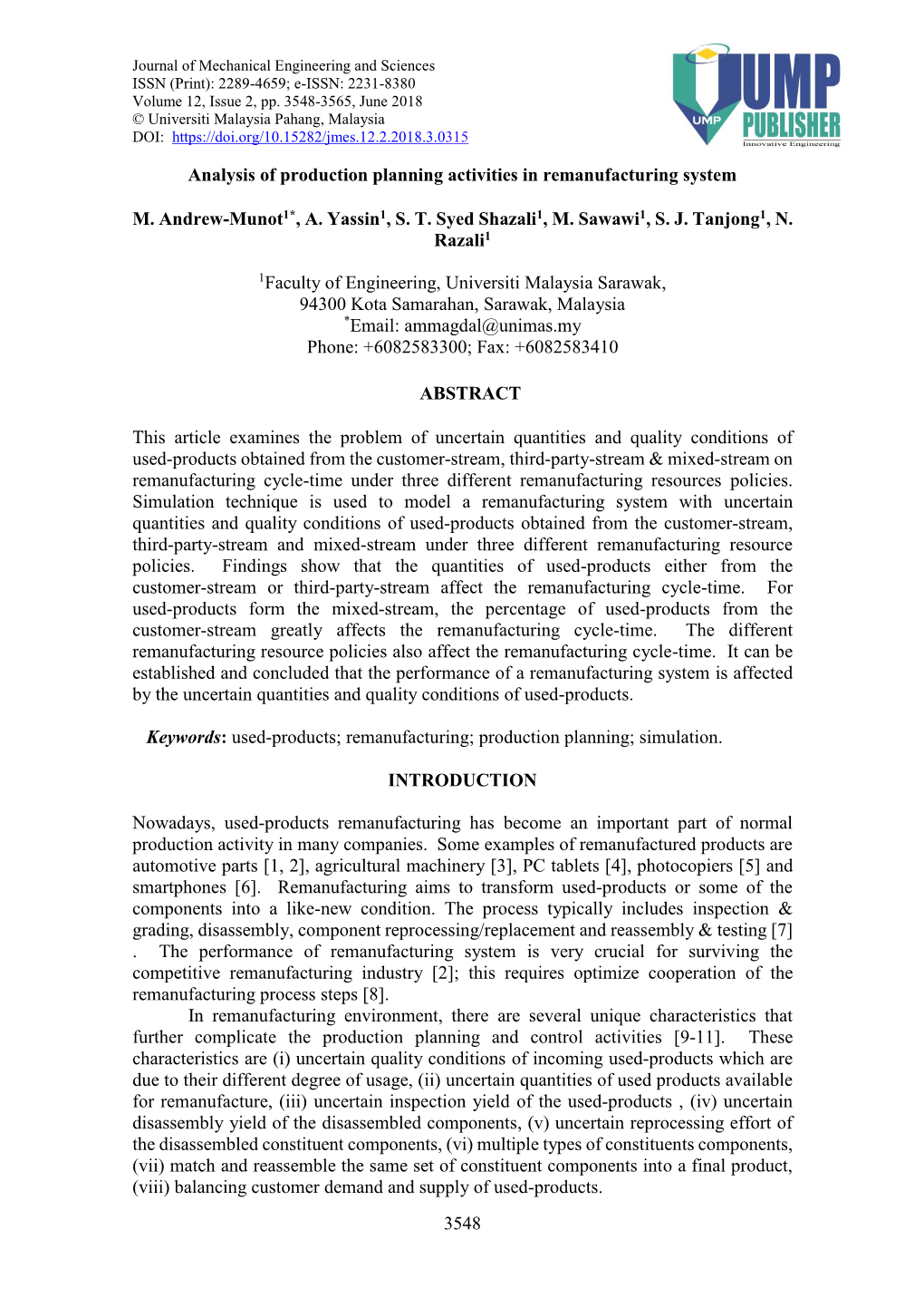 3548 Analysis of Production Planning Activities in Remanufacturing System