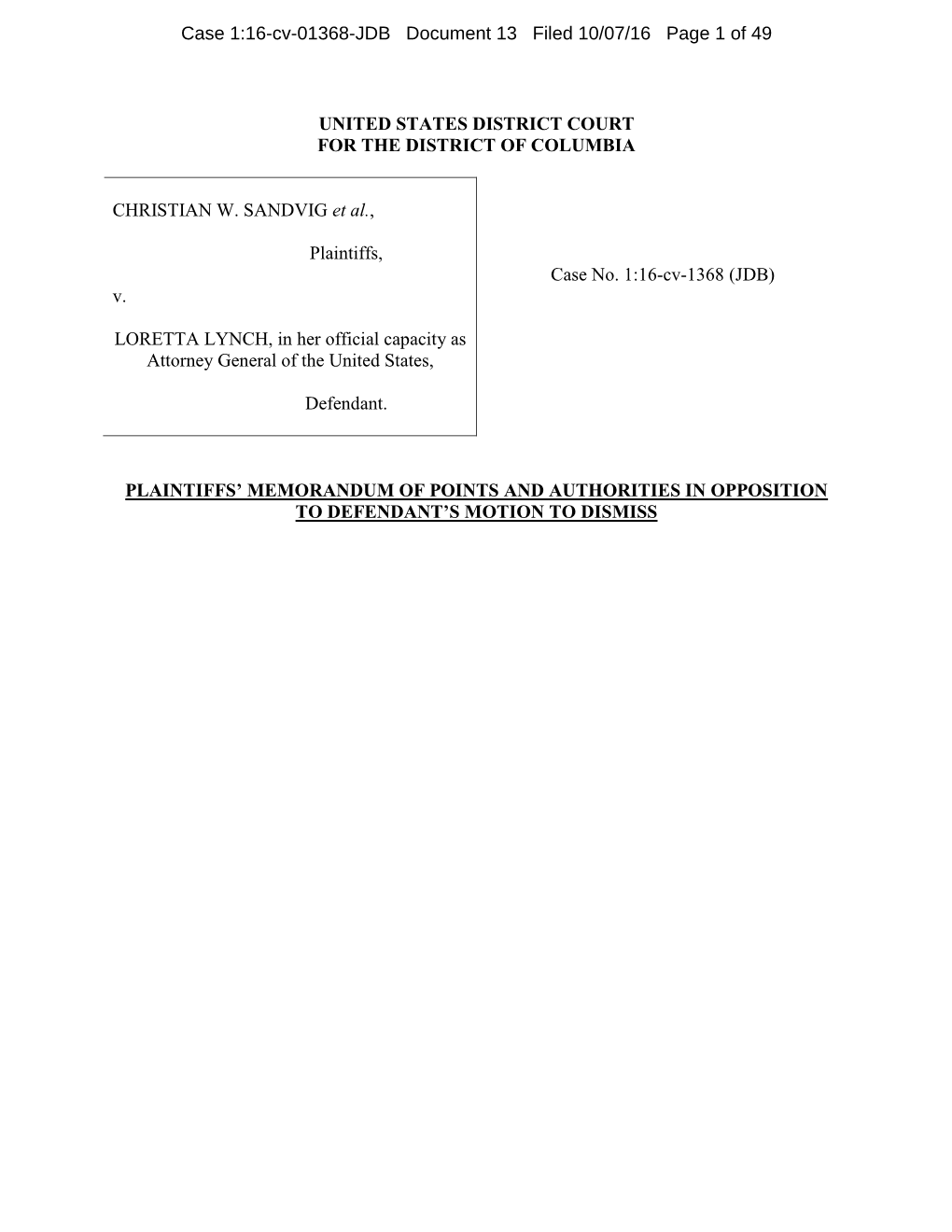 Case 1:16-Cv-01368-JDB Document 13 Filed 10/07/16 Page 1 of 49