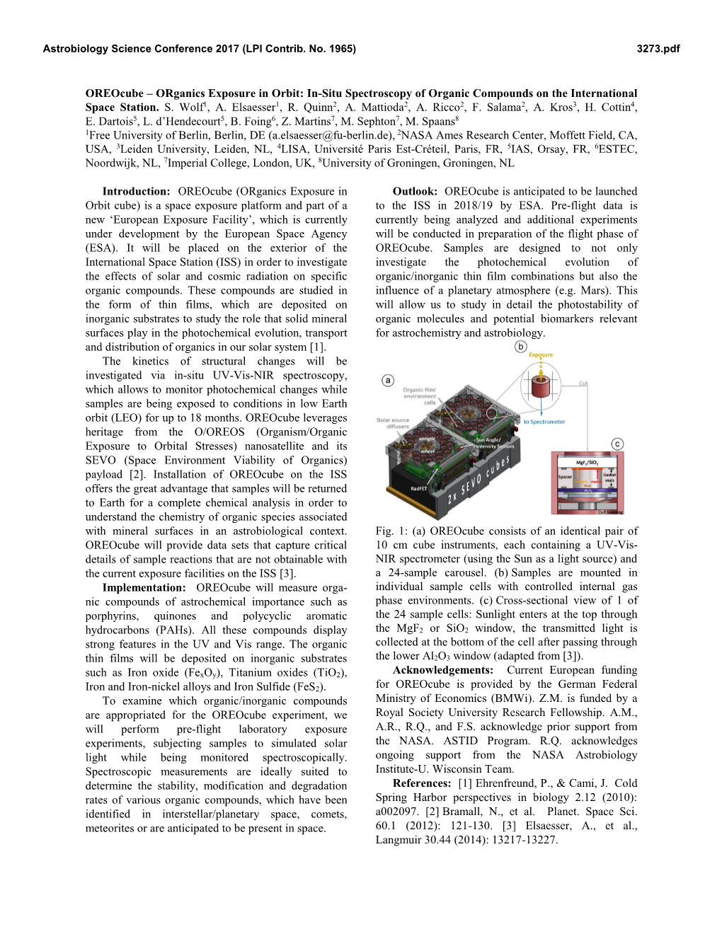 Oreocube – Organics Exposure in Orbit: In-Situ Spectroscopy of Organic Compounds on the International Space Station