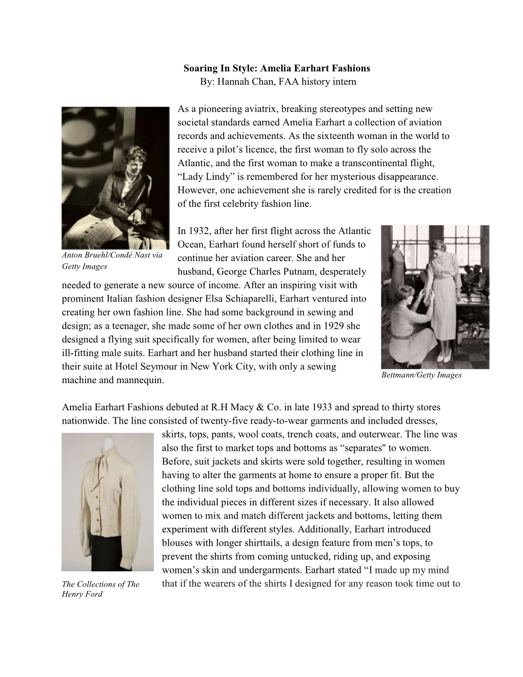 Soaring in Style: Amelia Earhart Fashions By: Hannah Chan, FAA History Intern