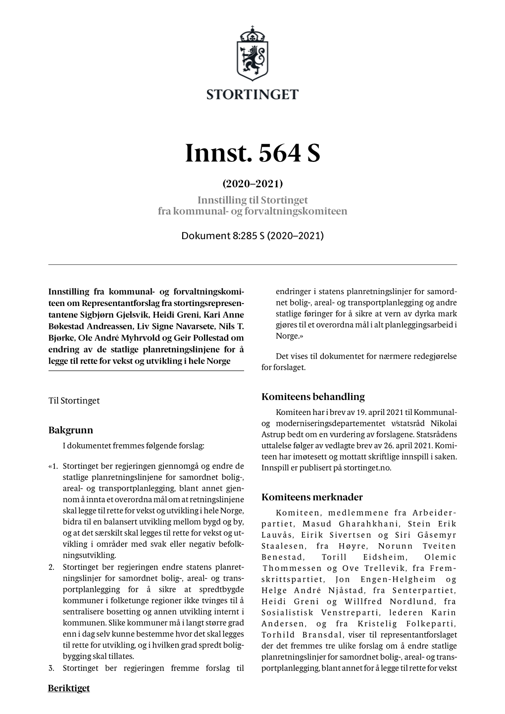 Innst. 564 S (2020–2021) Innstilling Til Stortinget Fra Kommunal- Og Forvaltningskomiteen