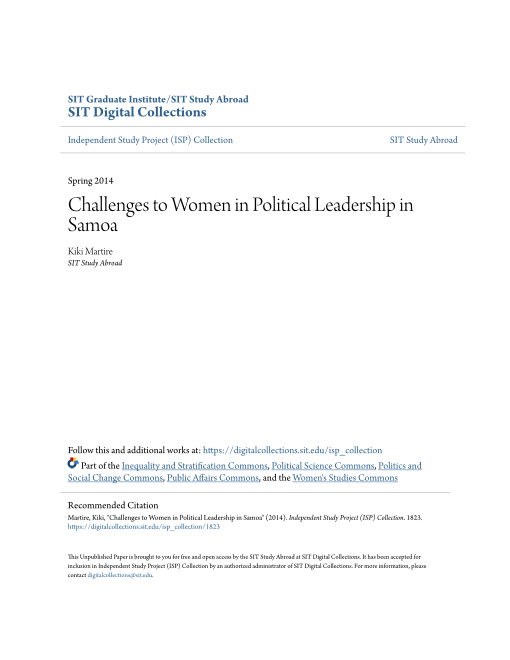 Challenges to Women in Political Leadership in Samoa Kiki Martire SIT Study Abroad