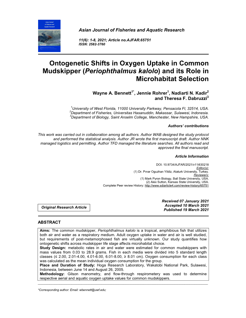 Ontogenetic Shifts in Oxygen Uptake in Common Mudskipper (Periophthalmus Kalolo) and Its Role in Microhabitat Selection