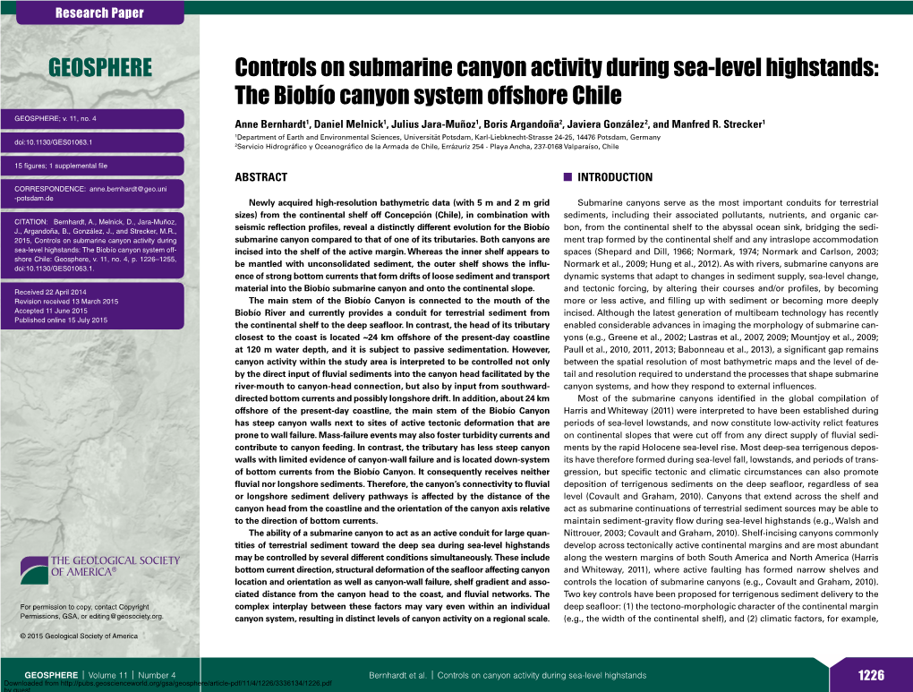 Controls on Submarine Canyon Activity During Sea-Level Highstands: the Biobío Canyon System Offshore Chile GEOSPHERE; V