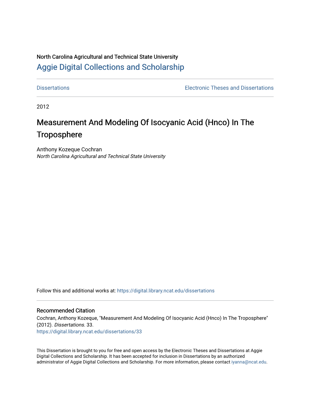 Measurement and Modeling of Isocyanic Acid (Hnco) in the Troposphere