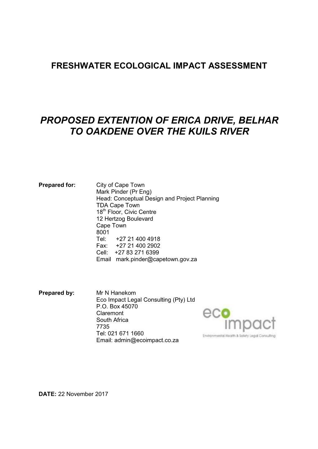 Proposed Extention of Erica Drive, Belhar to Oakdene Over the Kuils River
