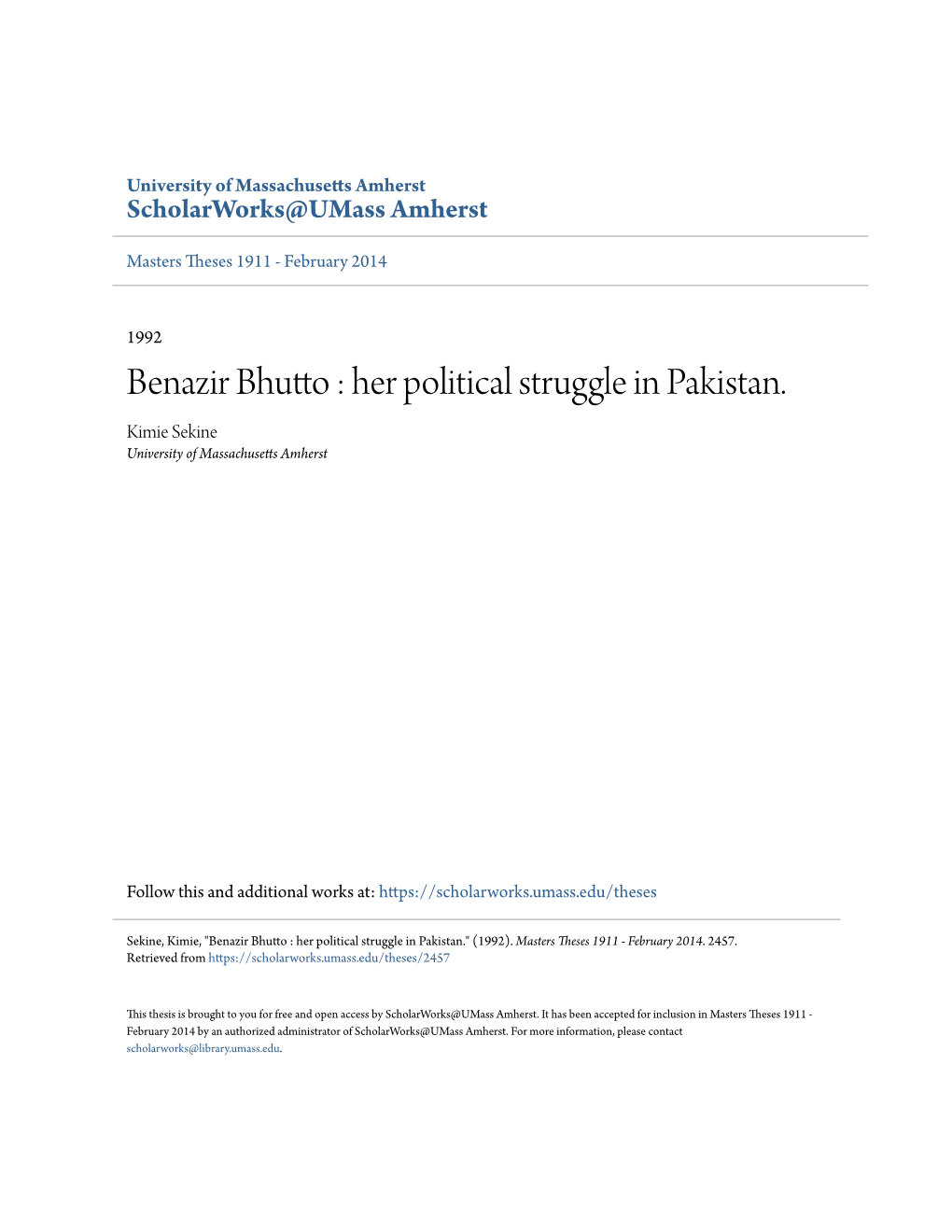 Benazir Bhutto : Her Political Struggle in Pakistan