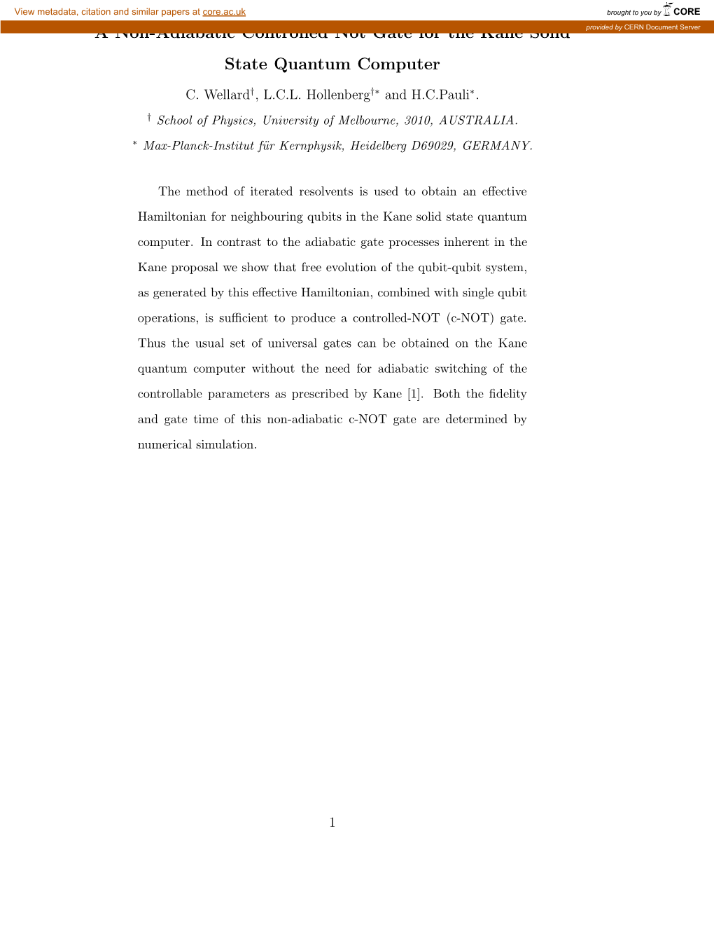 A Non-Adiabatic Controlled Not Gate for the Kane Solid State Quantum